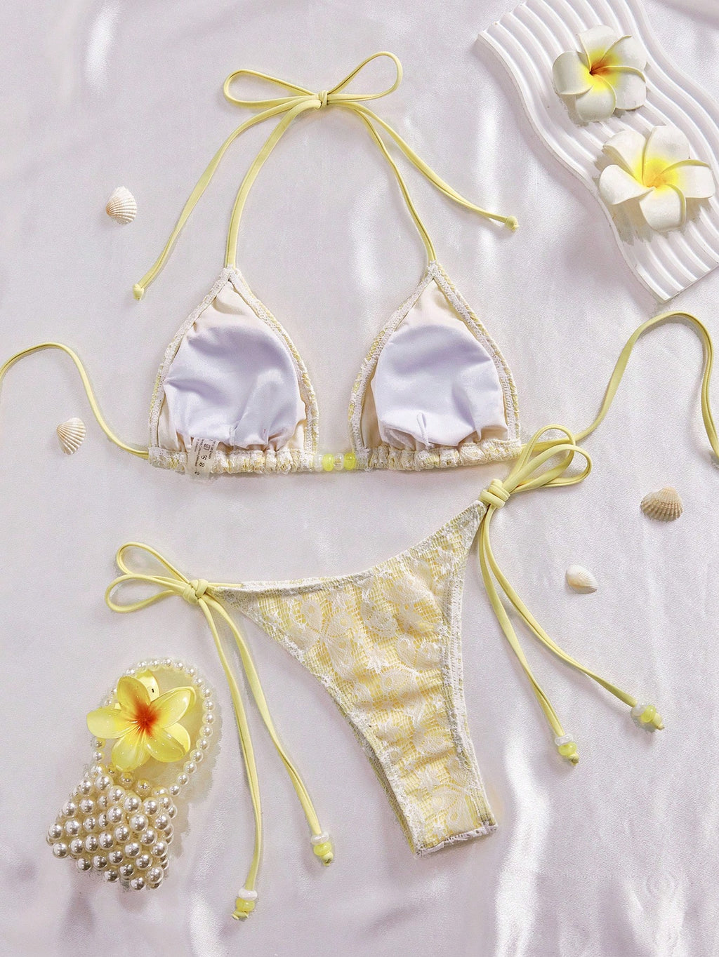 Women's Elegant Sweet Pink Lace Halter Tie Bikini Set, Beaded Detail, Perfect Fo