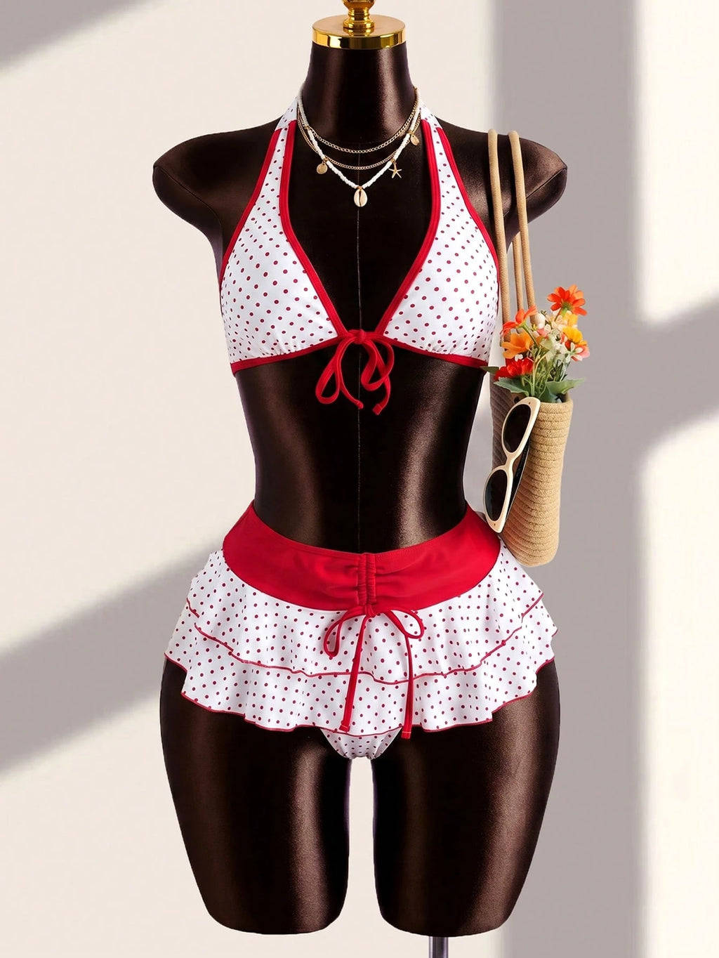 Swim Mod Women's Swimsuit Set,Red And White Polka Dot,Summer,70s