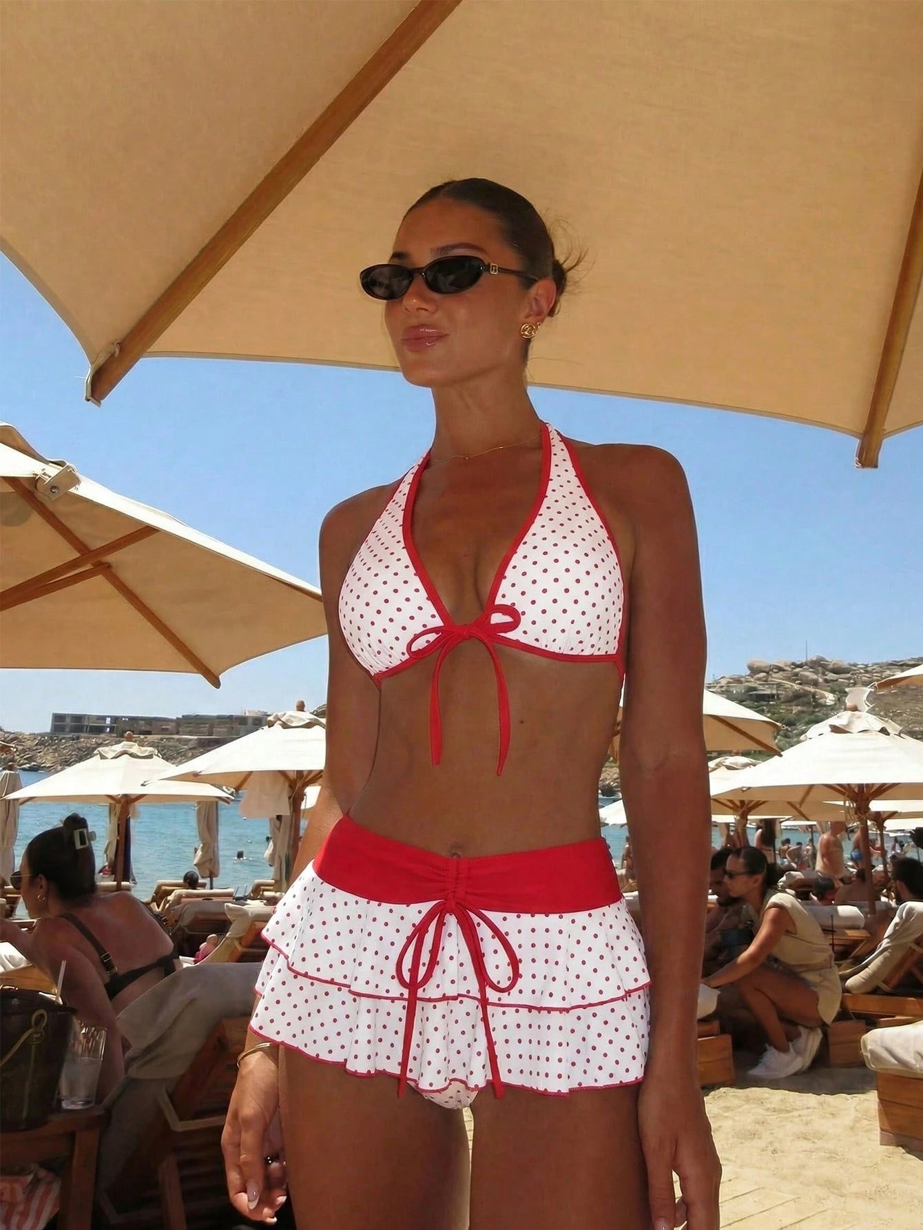 Swim Mod Women's Swimsuit Set,Red And White Polka Dot,Summer,70s
