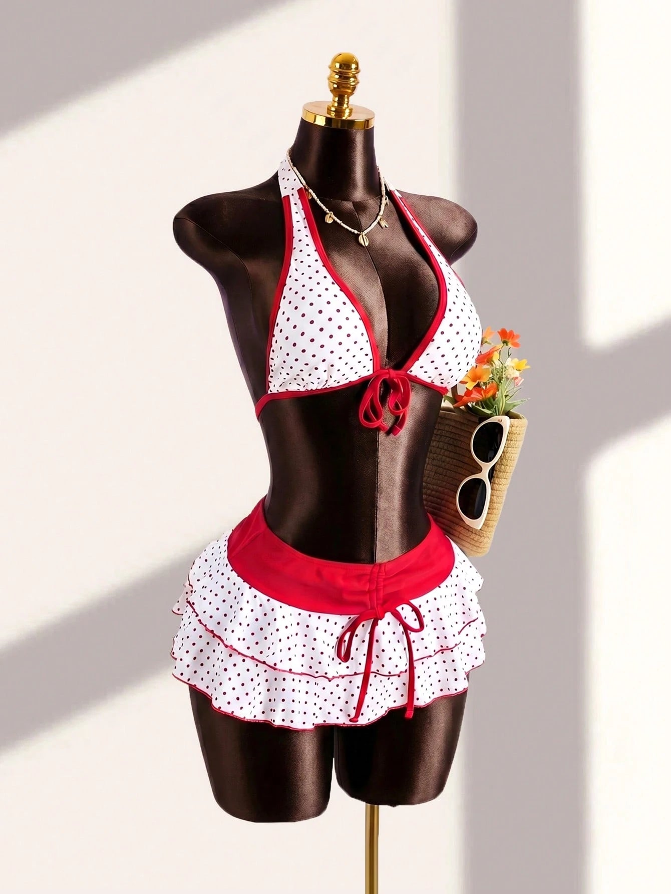 Swim Mod Women's Swimsuit Set,Red And White Polka Dot,Summer,70s