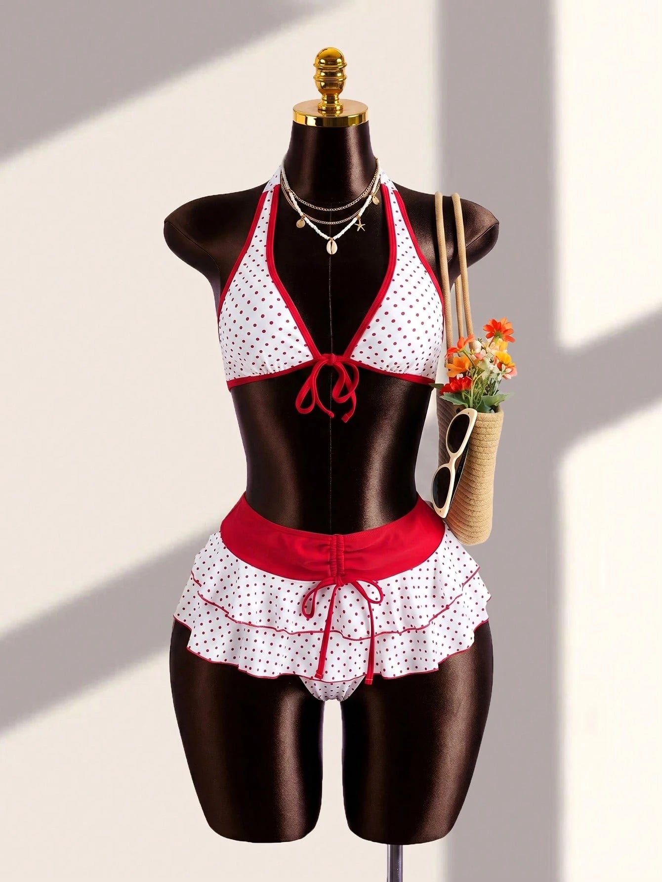 Swim Mod Women's Swimsuit Set,Red And White Polka Dot,Summer,70s