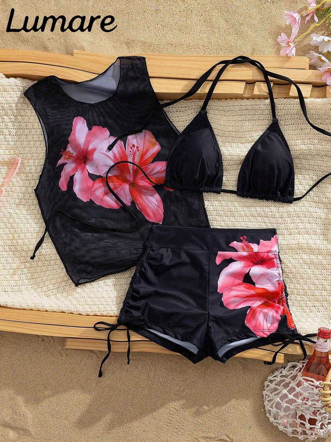 3-Piece Sexy Casual Halter Top Set With Hibiscus Floral Pattern Mesh