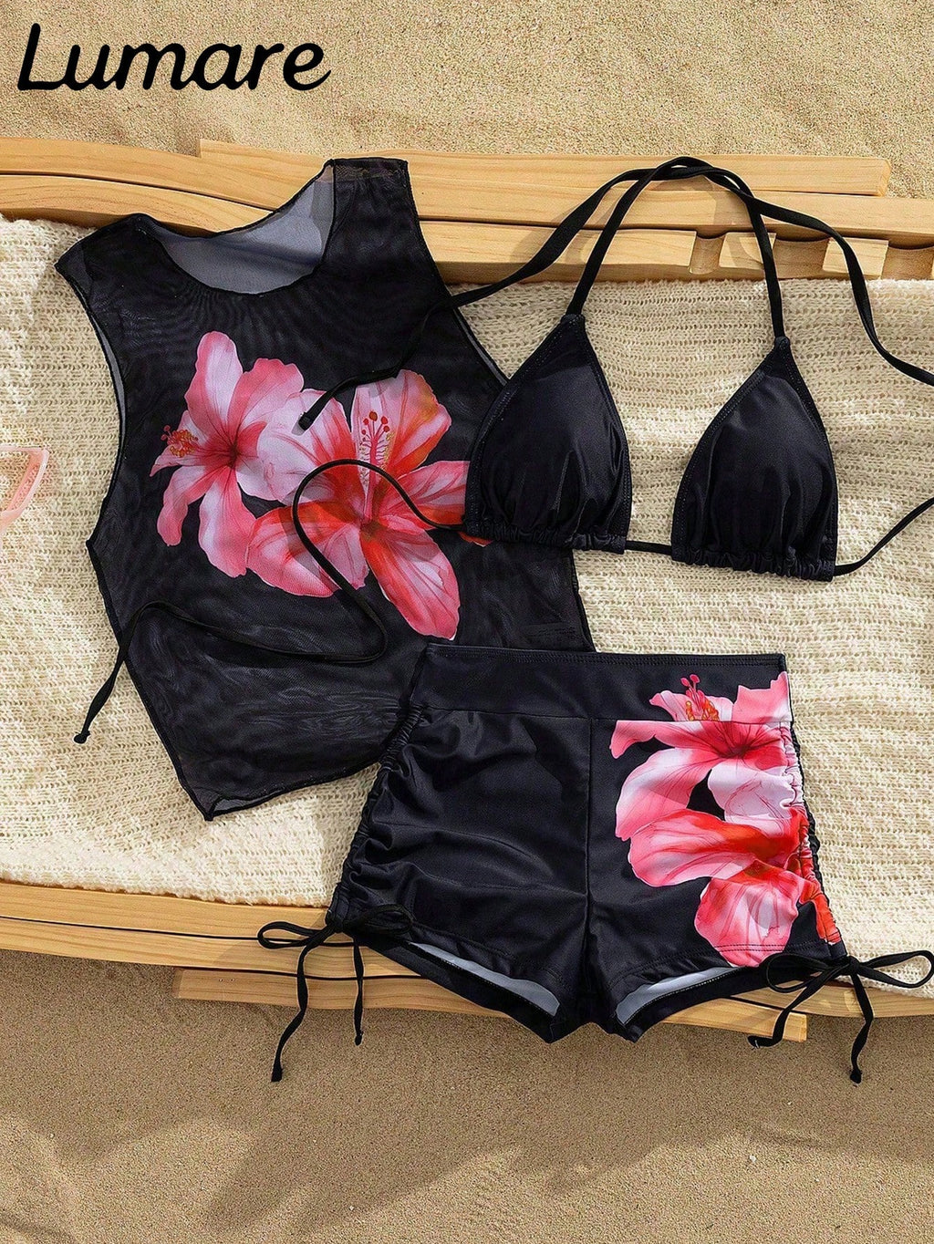 3-Piece Sexy Casual Halter Top Set With Hibiscus Floral Pattern Mesh