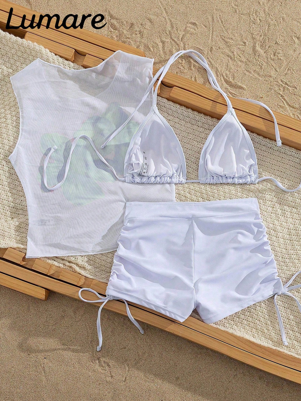 3-Piece Sexy Casual Halter Top Set With Hibiscus Floral Pattern Mesh