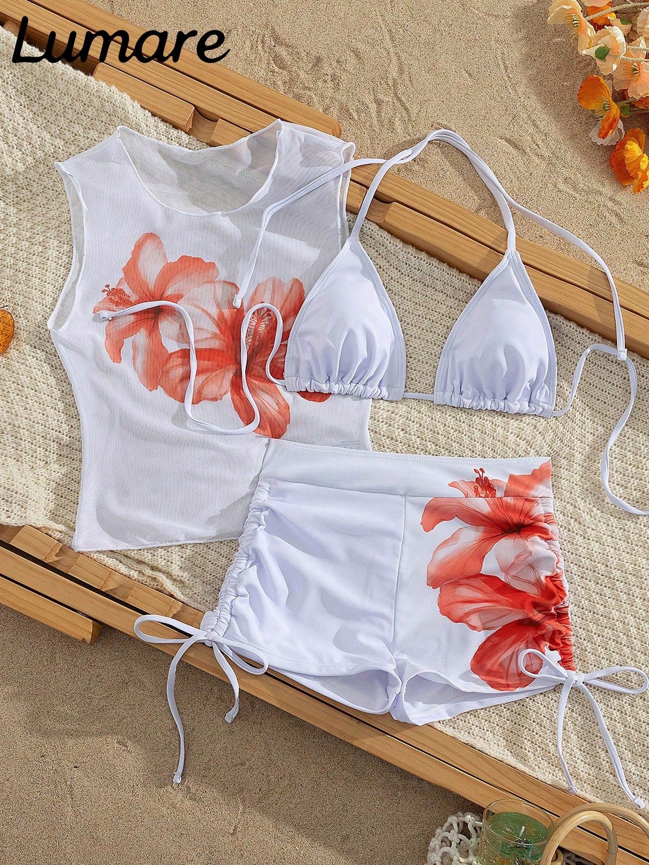 3-Piece Sexy Casual Halter Top Set With Hibiscus Floral Pattern Mesh