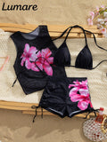 3-Piece Sexy Casual Halter Top Set With Hibiscus Floral Pattern Mesh
