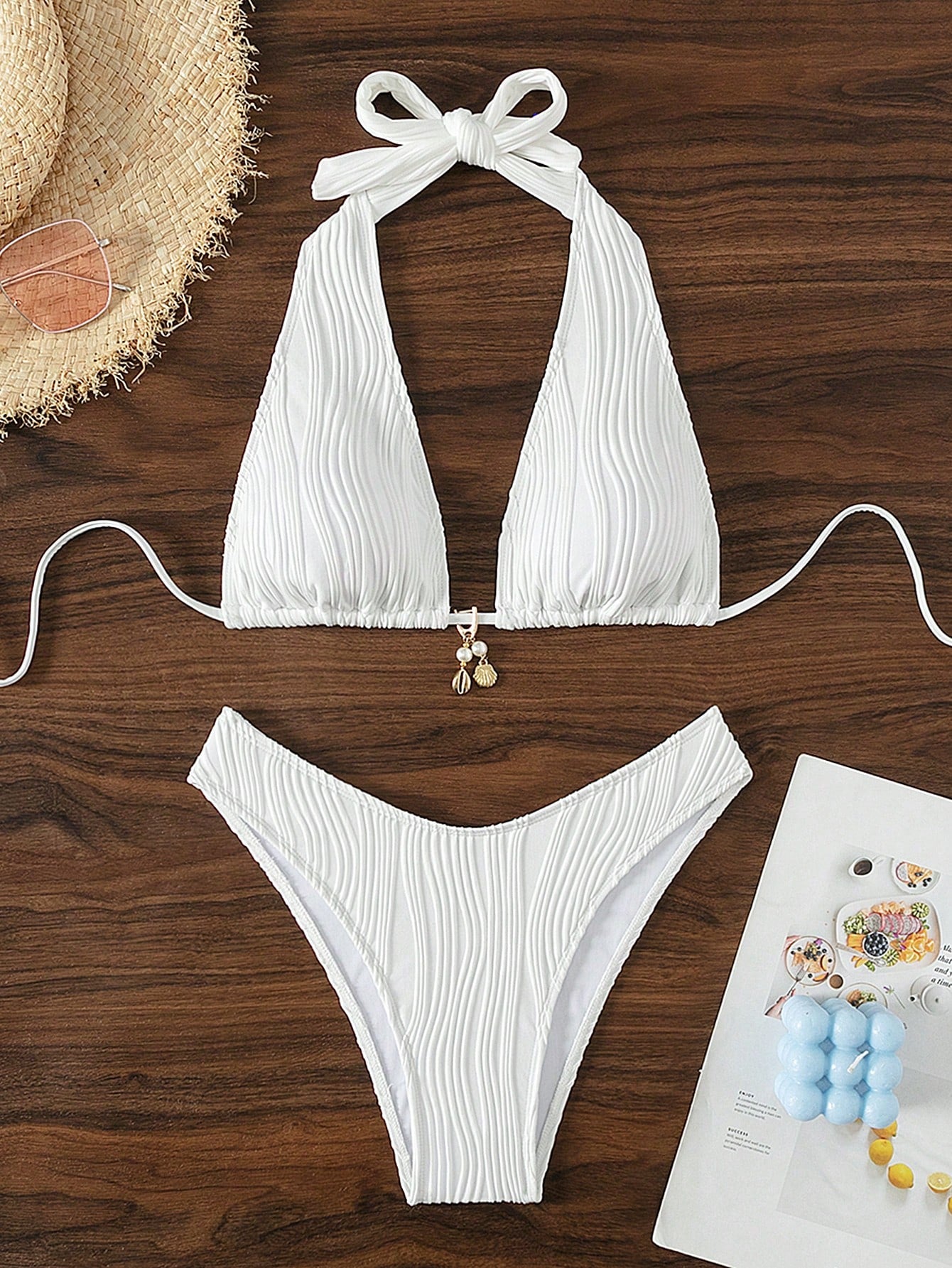 Swim SXY Blue And White Vertical Striped Halter Triangle Bikini Set, Halter Tie Design To Flatter Shoulder - image 7