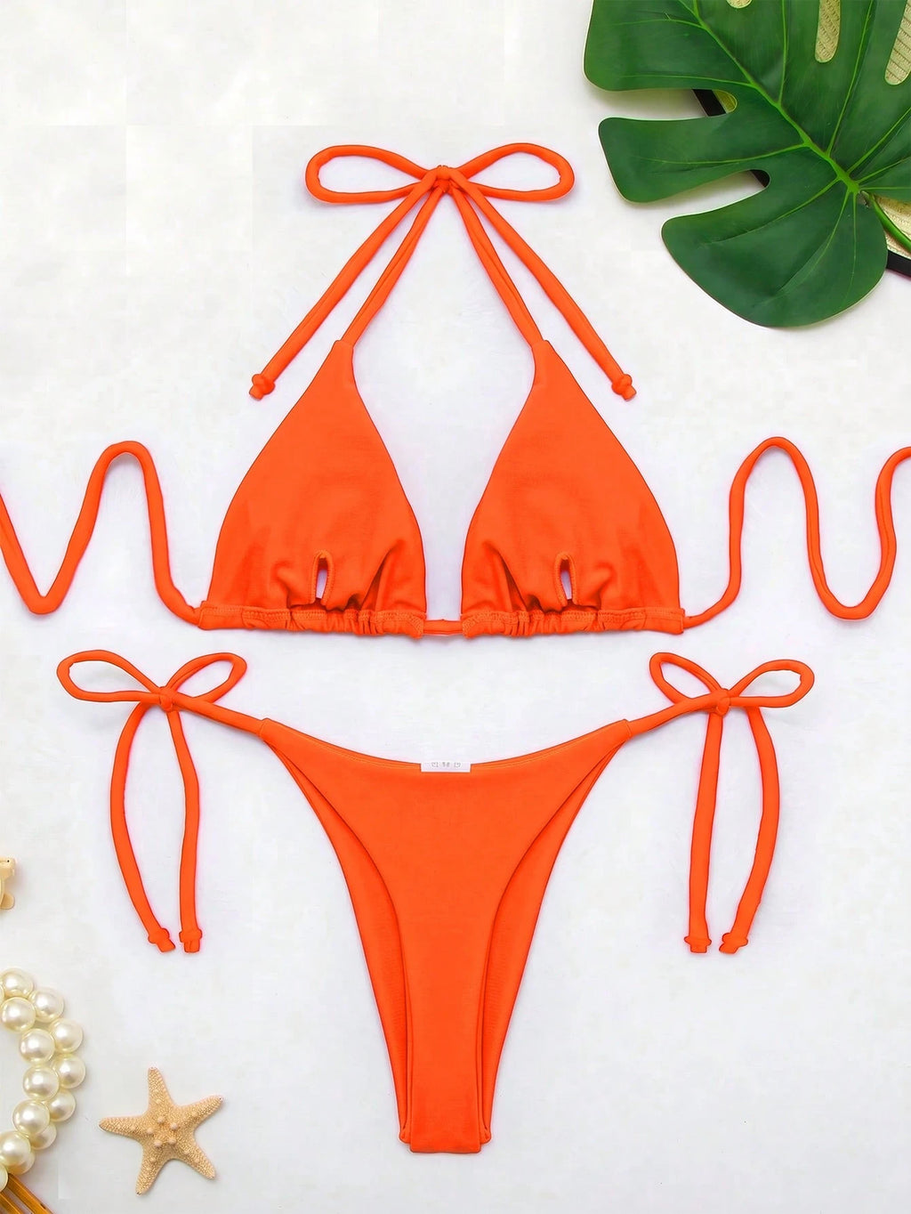 Women's Solid Color Triangle Bikini Set With Drawstring Sexy Halter Neck For Beach Vacation Summer Pink - image 15