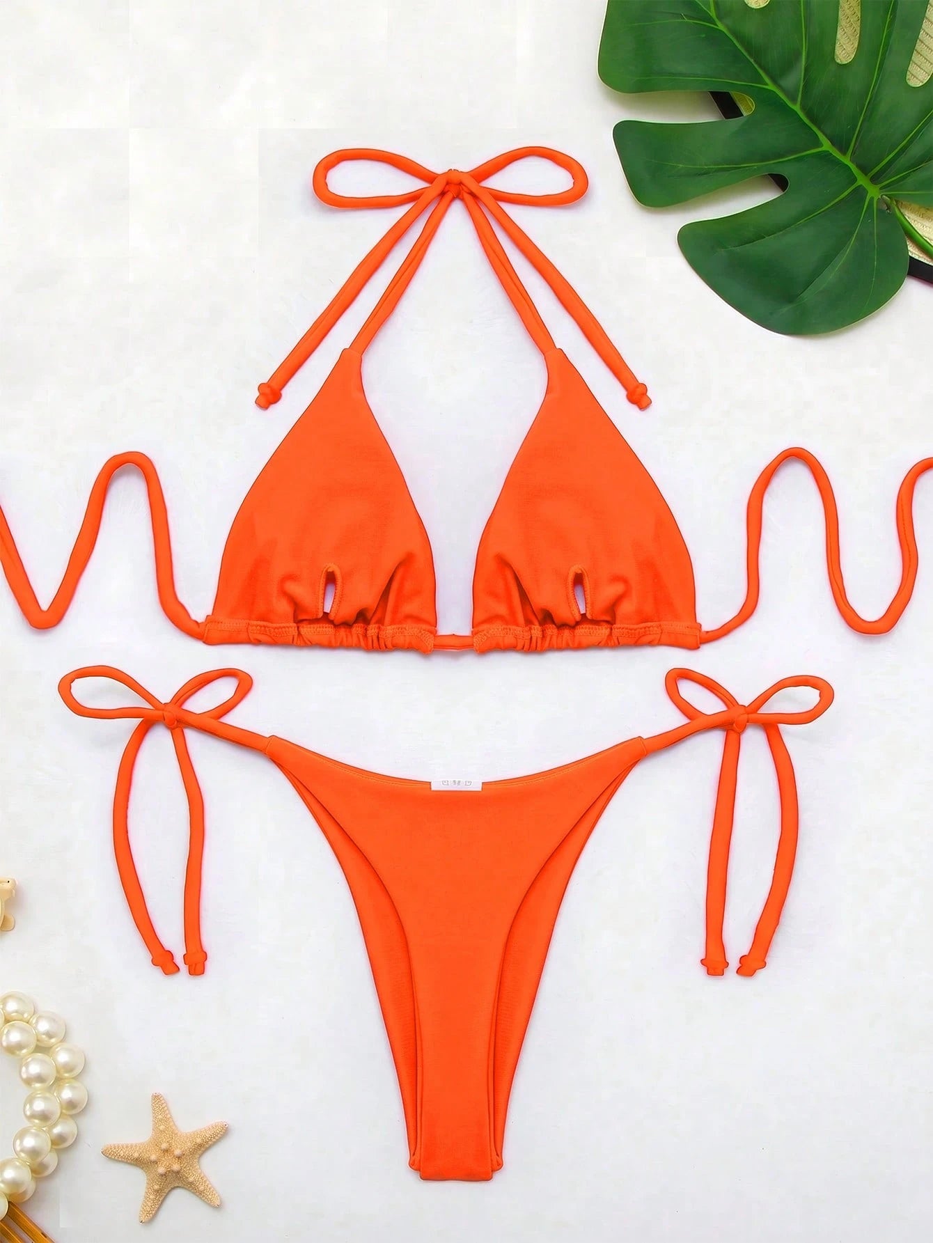 Women's Solid Color Triangle Bikini Set With Drawstring Sexy Halter Neck For Beach Vacation Summer Pink - image 15