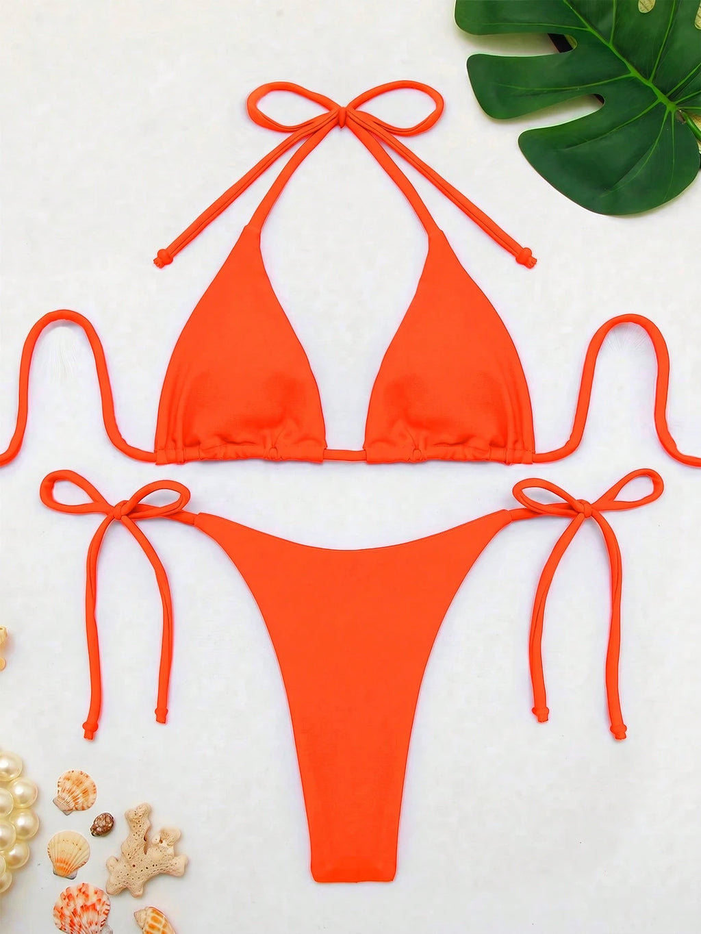 Women's Solid Color Triangle Bikini Set With Drawstring Sexy Halter Neck For Beach Vacation Summer Pink - image 16