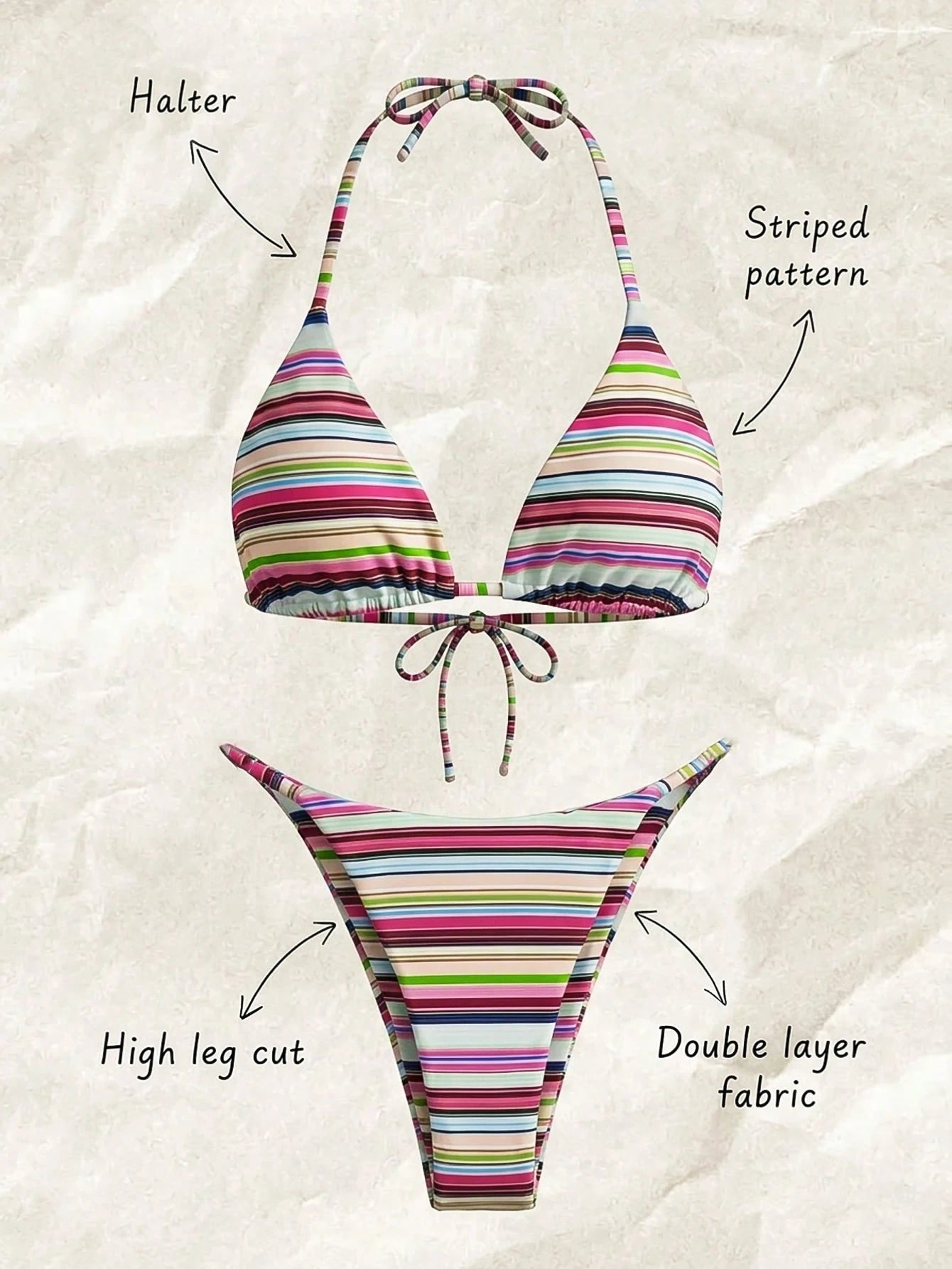 Women's Sexy Fashionable Colorful Striped Two Pieces Swimwear, Backless Tie-Up Bikini Set, Beach Resort - image 2
