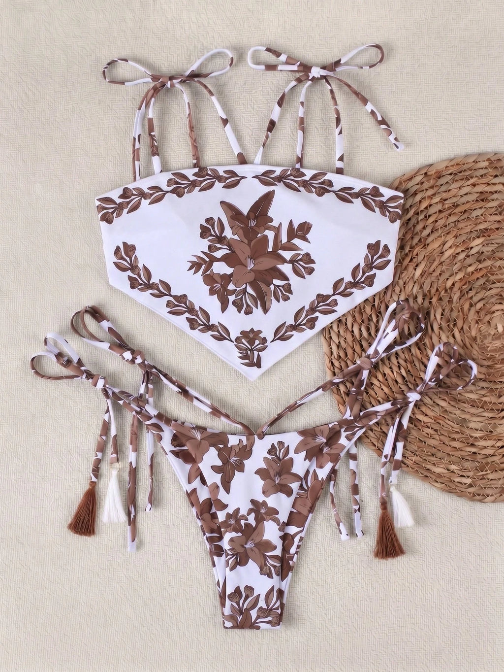 Spring/Summer New Bohemian Style Green Lace-Up Bikini, Elegant Sexy Casual Floral Print With Contrast Trim, - image 12