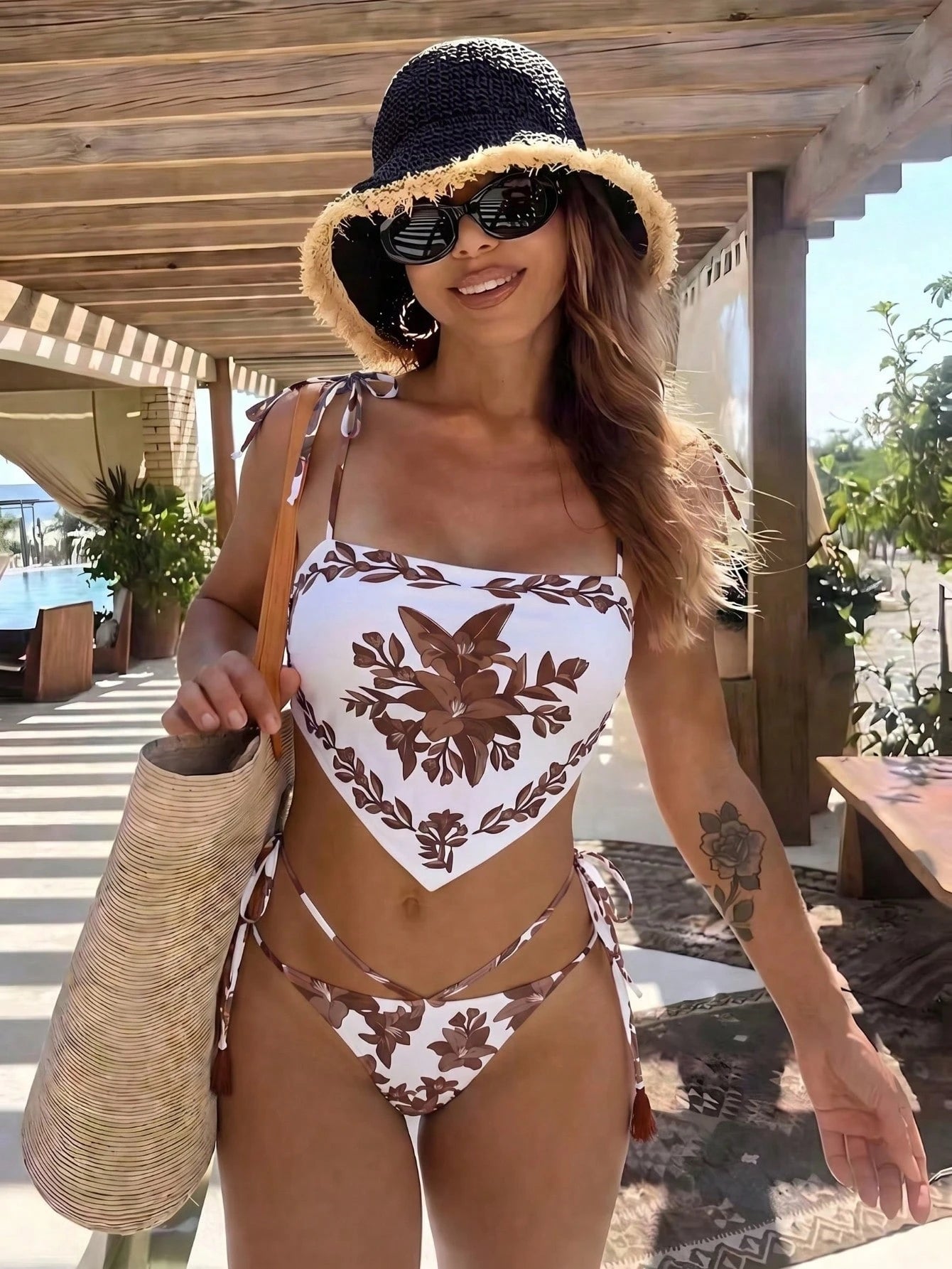 Spring/Summer New Bohemian Style Green Lace-Up Bikini, Elegant Sexy Casual Floral Print With Contrast Trim, - image 11