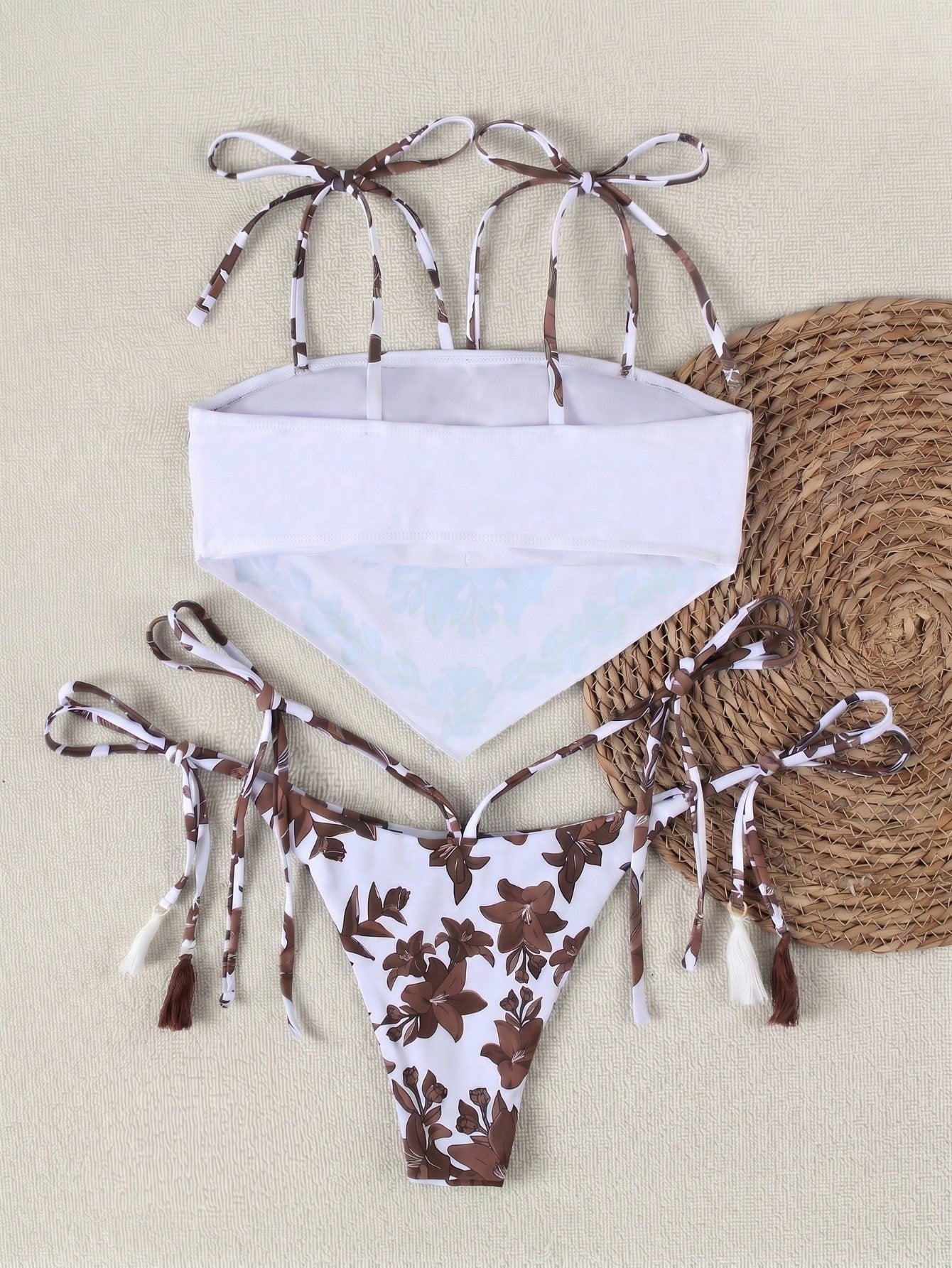 Spring/Summer New Bohemian Style Green Lace-Up Bikini, Elegant Sexy Casual Floral Print With Contrast Trim, - image 13