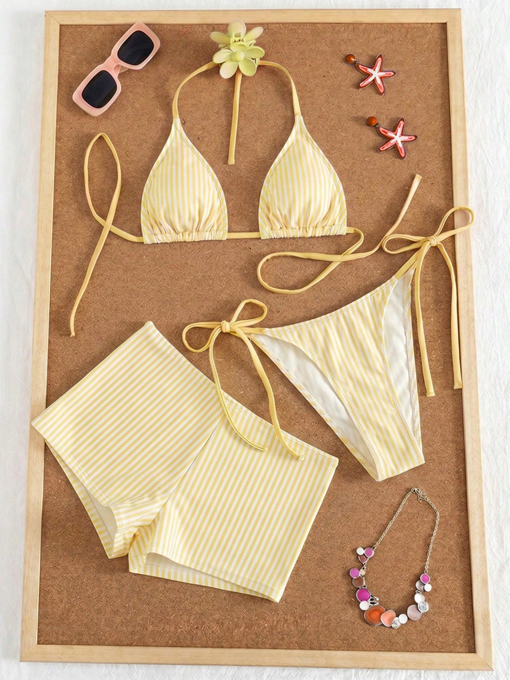 Swim Mod Women's 3-Piece Striped Print Halter Bikini Set With Briefs,