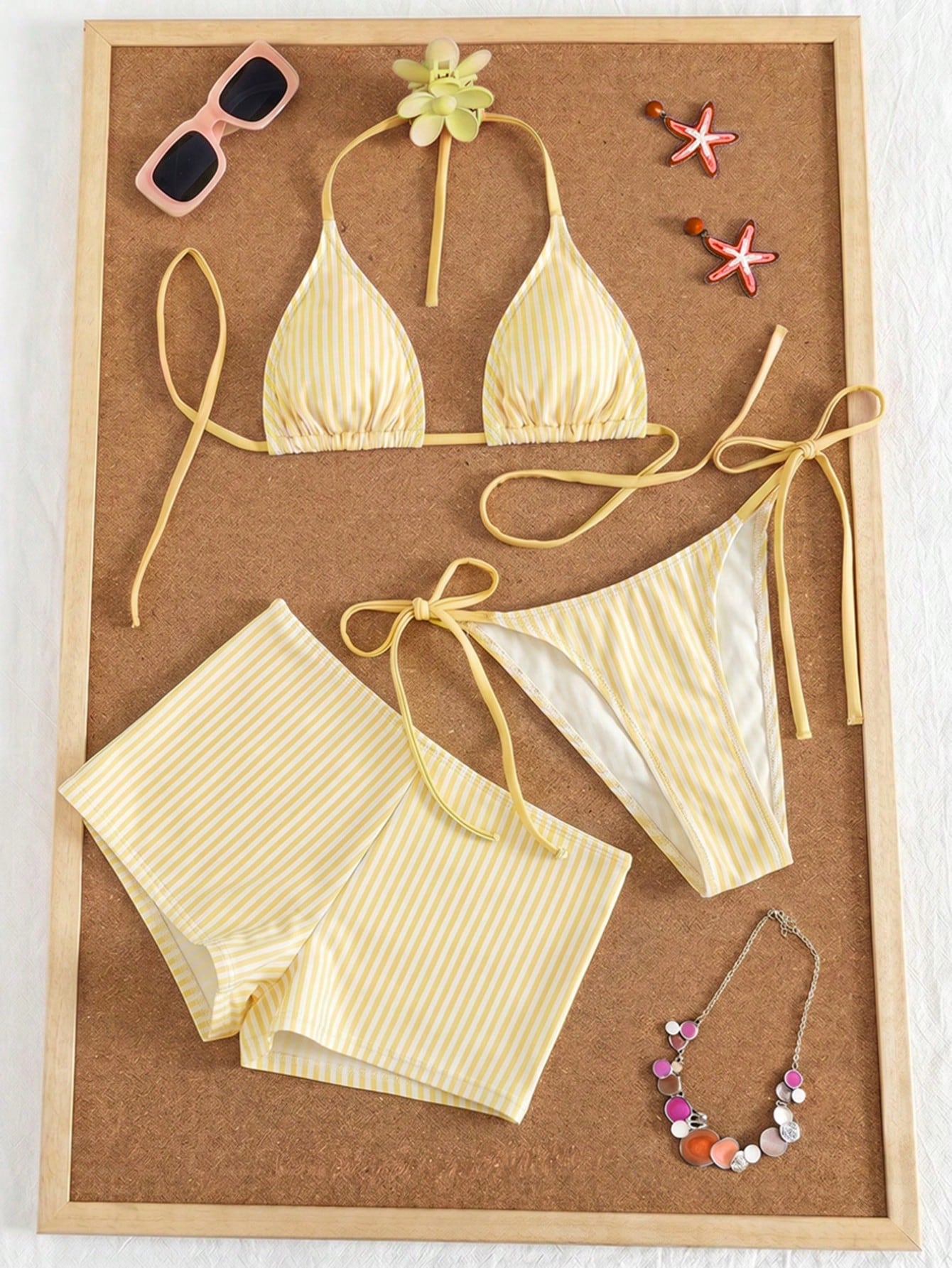 Swim Mod Women's 3-Piece Striped Print Halter Bikini Set With Briefs,