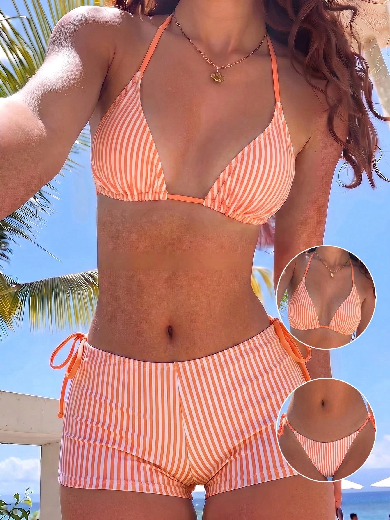 Swim Mod Women's 3-Piece Striped Print Halter Bikini Set With Briefs,