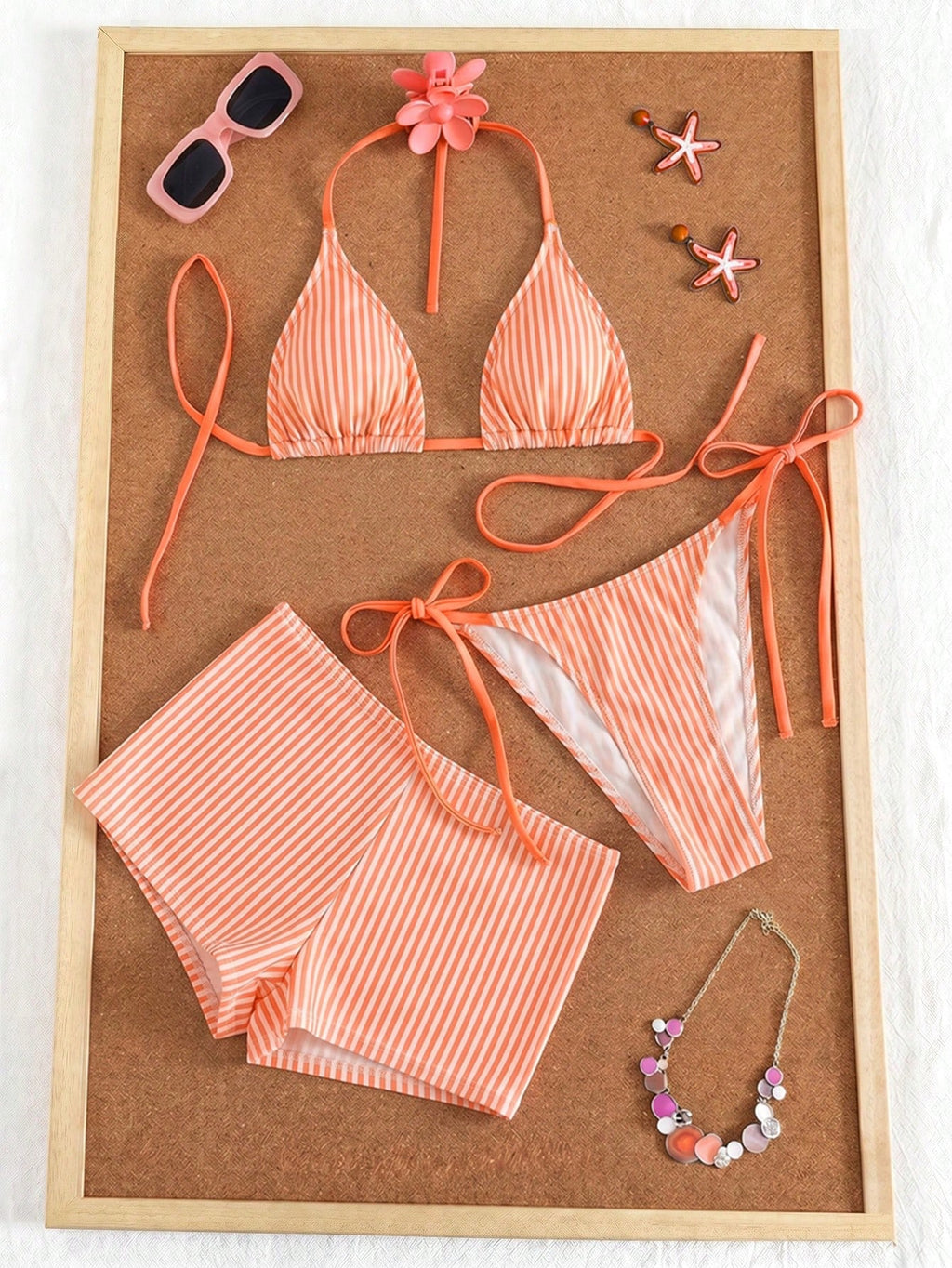 Swim Mod Women's 3-Piece Striped Print Halter Bikini Set With Briefs,