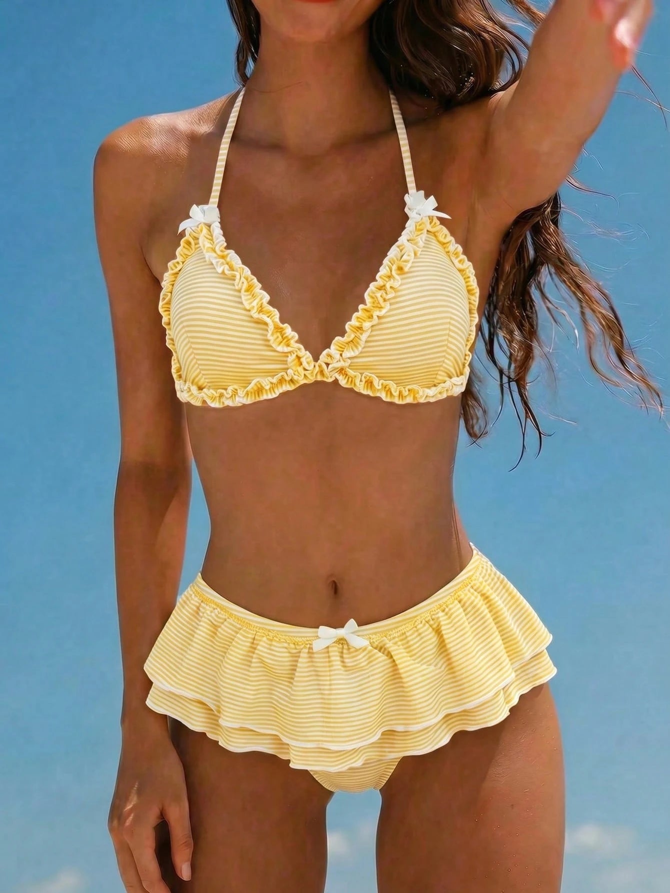 Swim Mod Women's Blue And White Striped Bikini Set,Cute Ruffle Bow