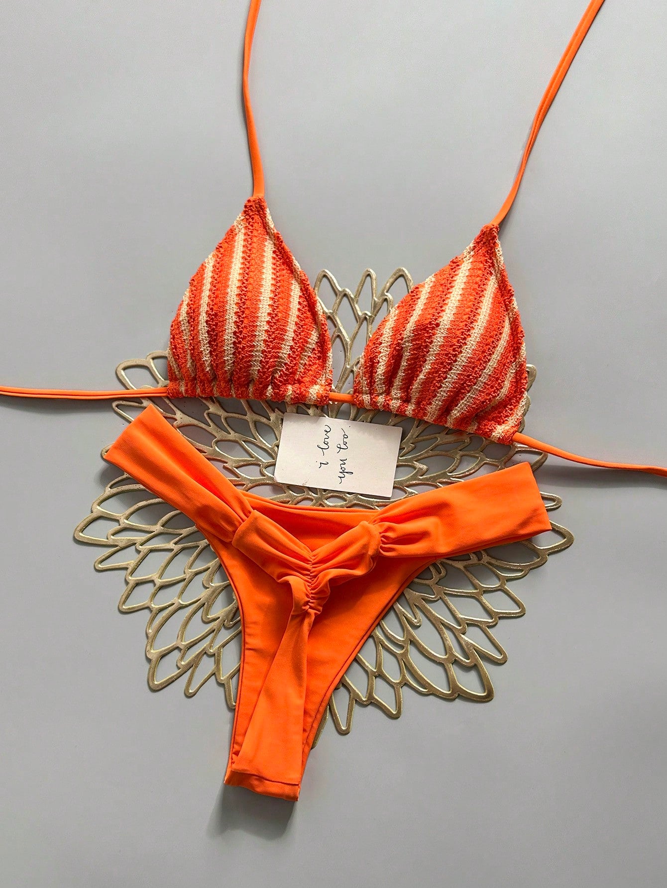 Swim Mod Summer Women 2pcs Textured Knit Fabric Triangle Tie Top And Ruched Biki