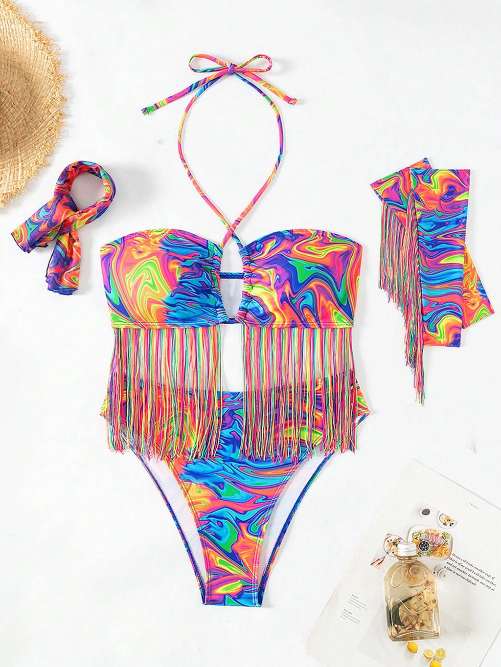 Swim Summer Beach All Over Print Criss Cross Halter Neck Bikini Set