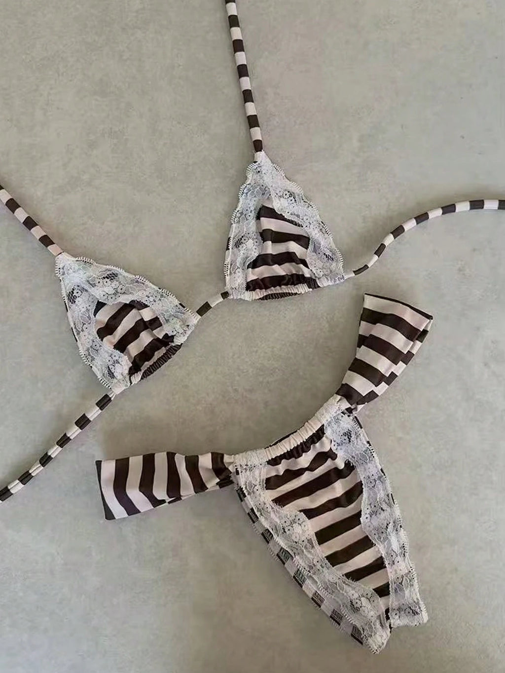 Women's Brown & White Striped Lace Trim Halter Neck Bikini Set,