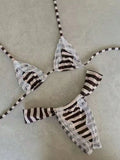 Women's Brown & White Striped Lace Trim Halter Neck Bikini Set,