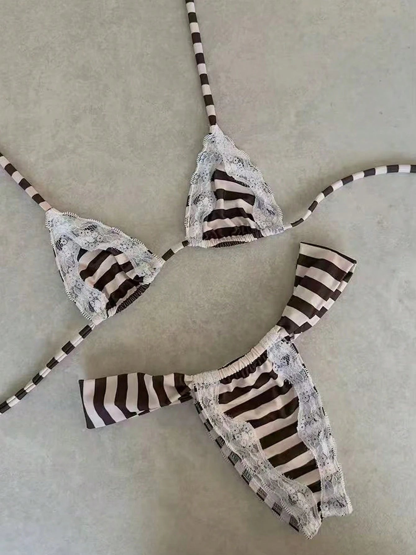 Women's Brown & White Striped Lace Trim Halter Neck Bikini Set,