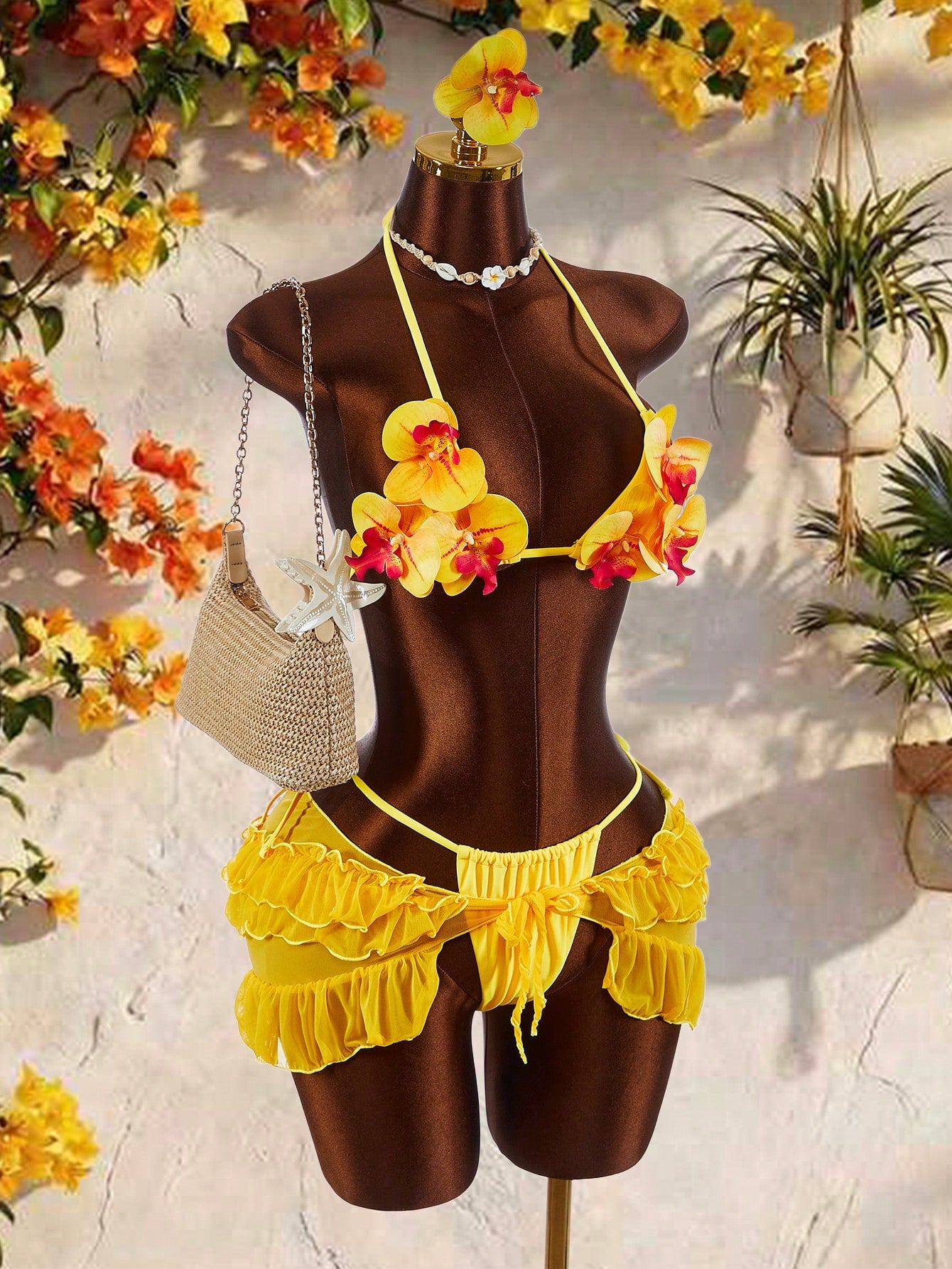Amplova Women's 3-Piece Swimwear Set With 3D Floral Butterfly Orchid