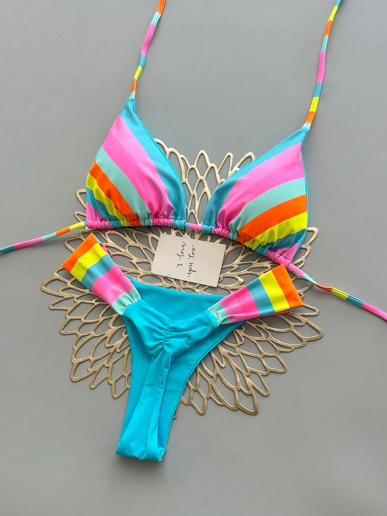 Vibrant Rainbow Striped Bikini Set, Spaghetti Strap Top With Ruffle Details, Cas
