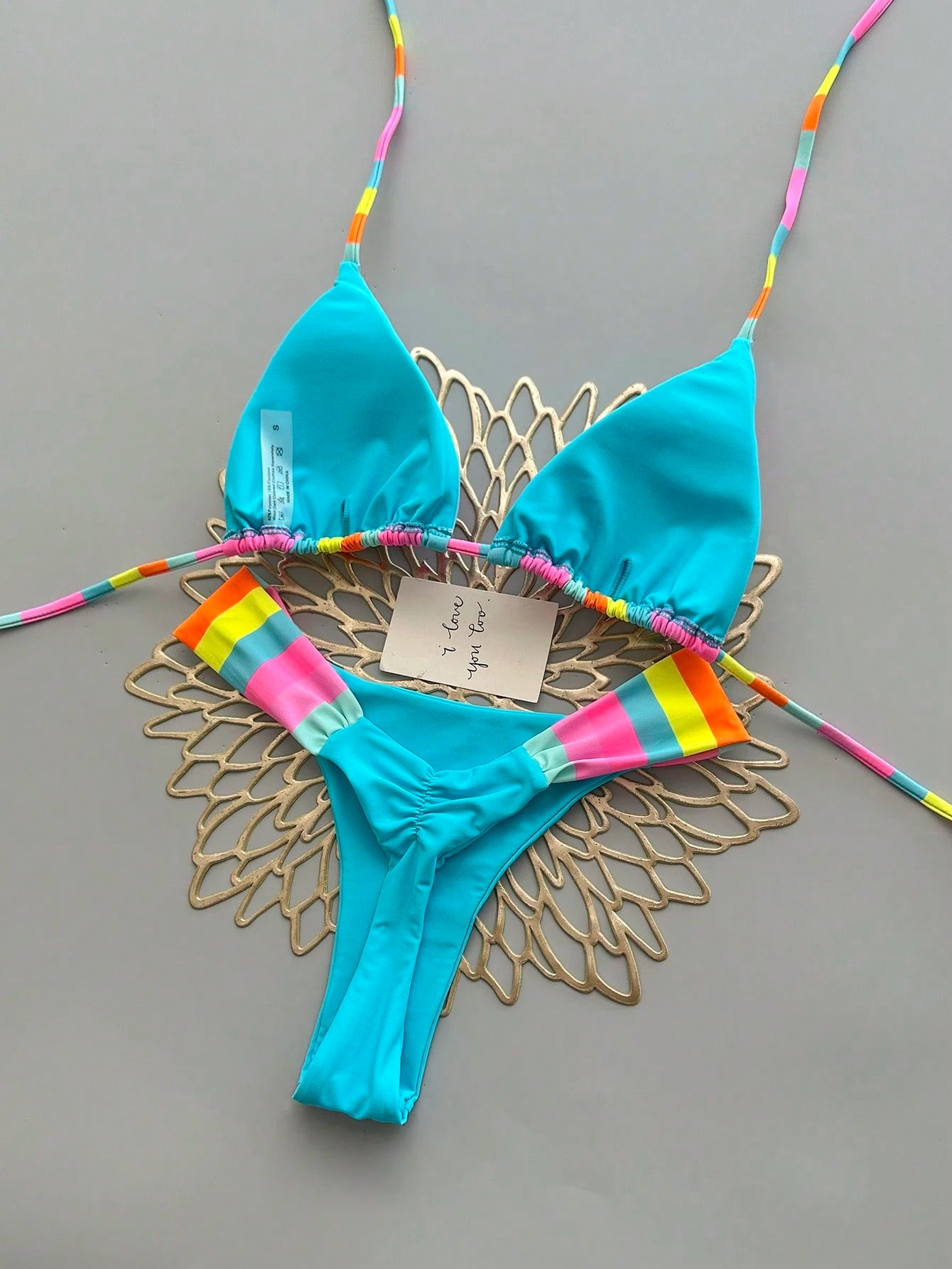 Vibrant Rainbow Striped Bikini Set, Spaghetti Strap Top With Ruffle Details, Cas