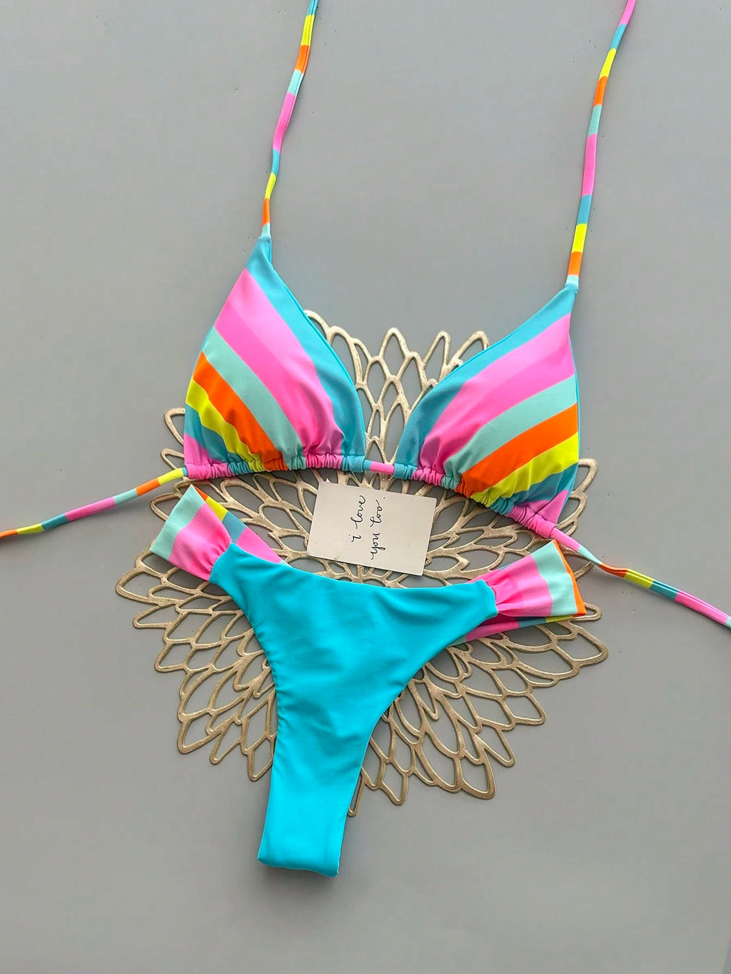 Vibrant Rainbow Striped Bikini Set, Spaghetti Strap Top With Ruffle Details, Cas