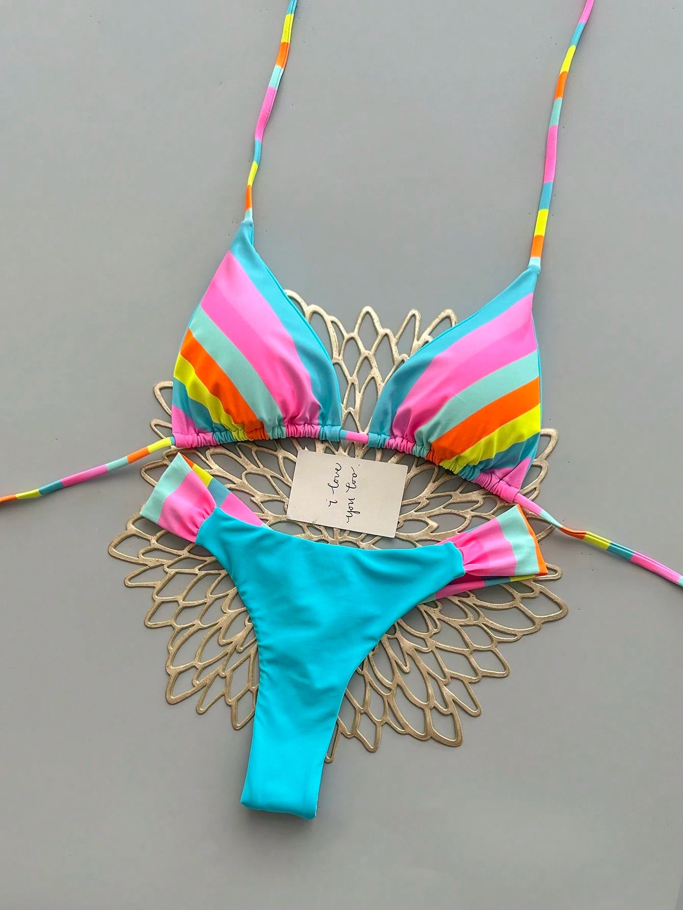 Vibrant Rainbow Striped Bikini Set, Spaghetti Strap Top With Ruffle Details, Cas