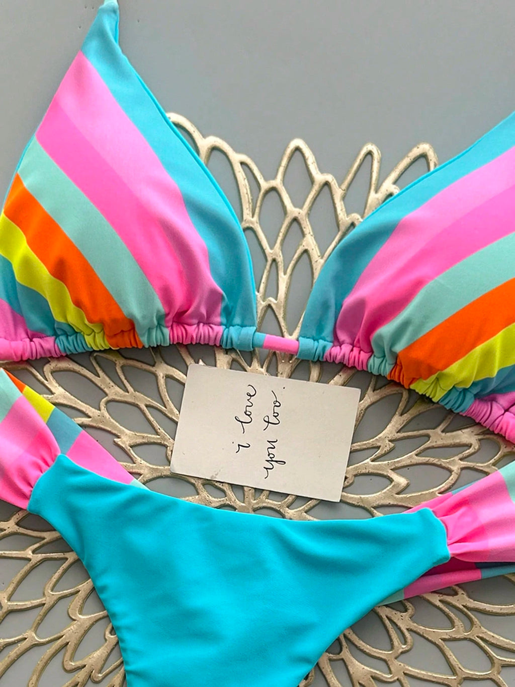 Vibrant Rainbow Striped Bikini Set, Spaghetti Strap Top With Ruffle Details, Cas