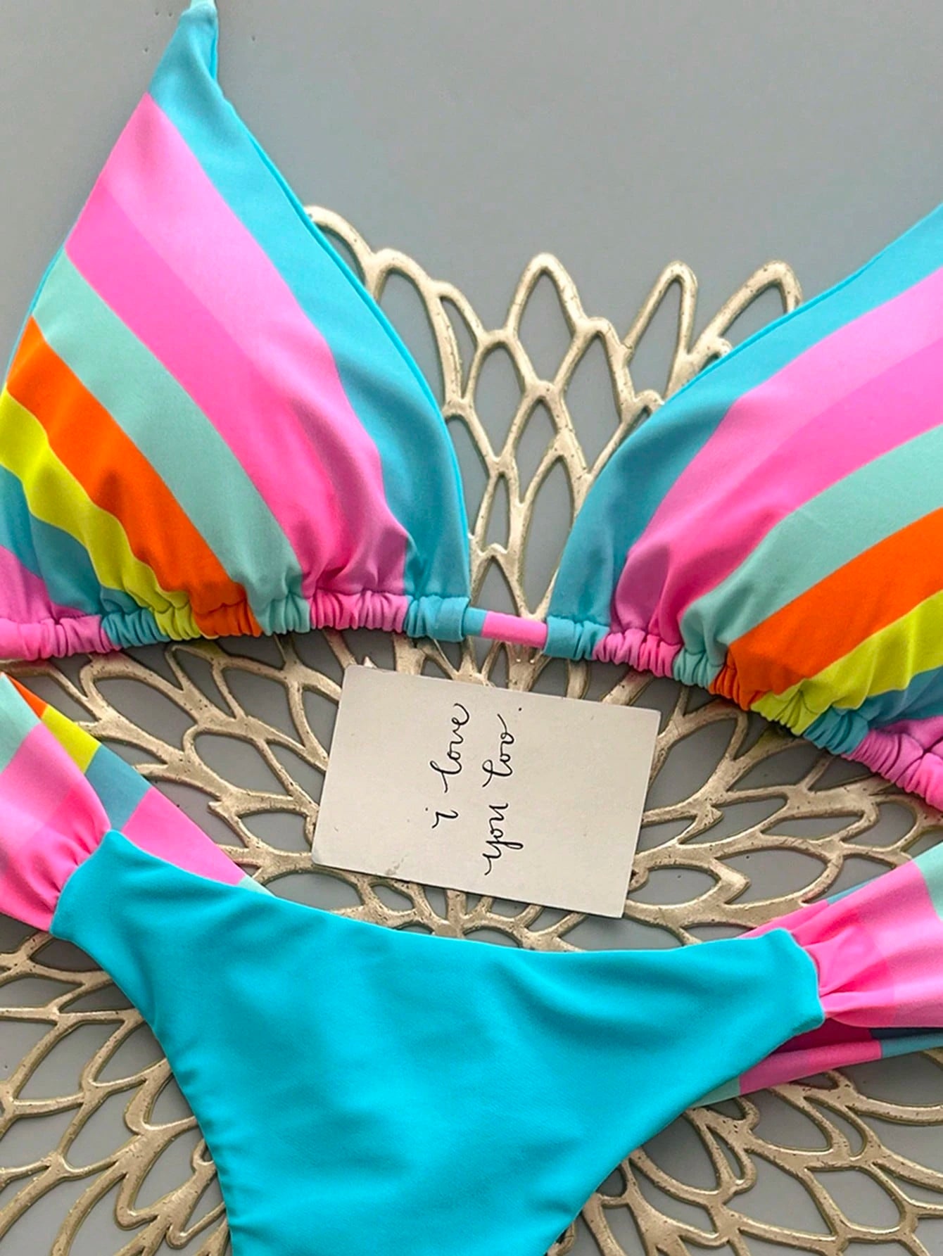 Vibrant Rainbow Striped Bikini Set, Spaghetti Strap Top With Ruffle Details, Cas