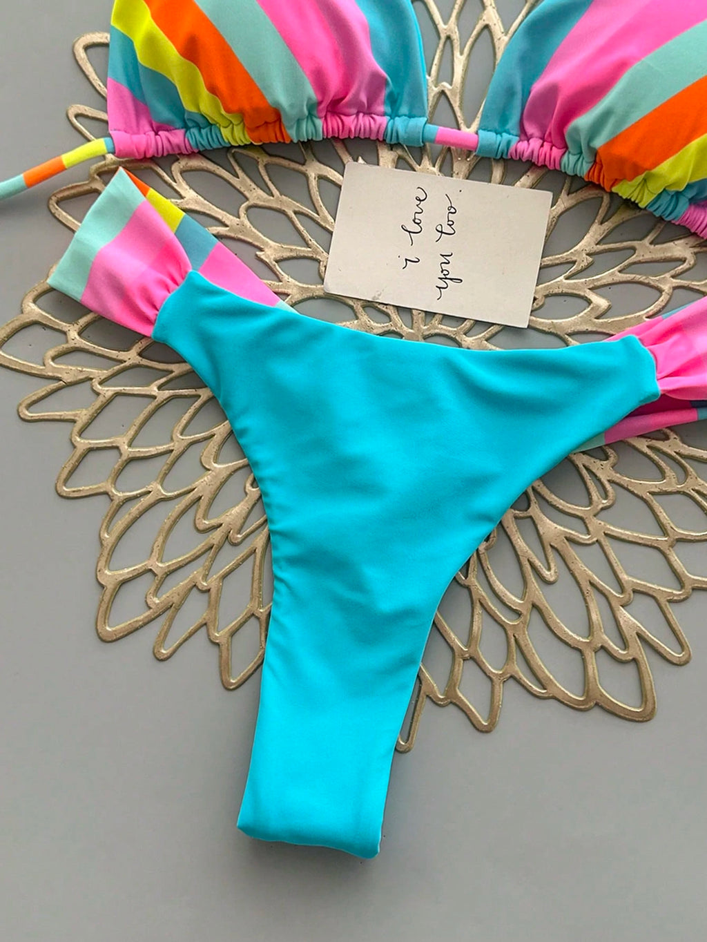 Vibrant Rainbow Striped Bikini Set, Spaghetti Strap Top With Ruffle Details, Cas