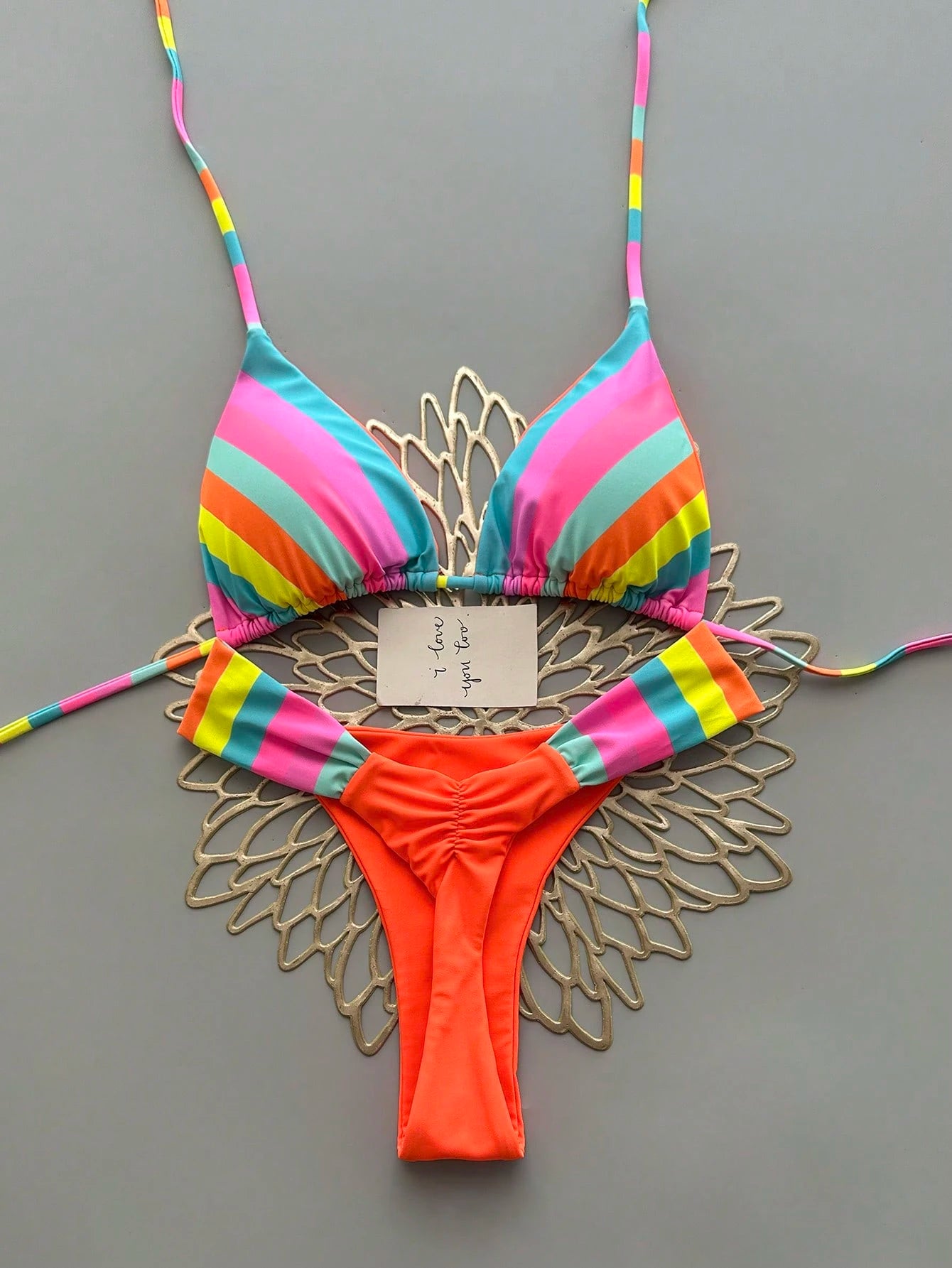 Vibrant Rainbow Striped Bikini Set, Spaghetti Strap Top With Ruffle Details, Cas