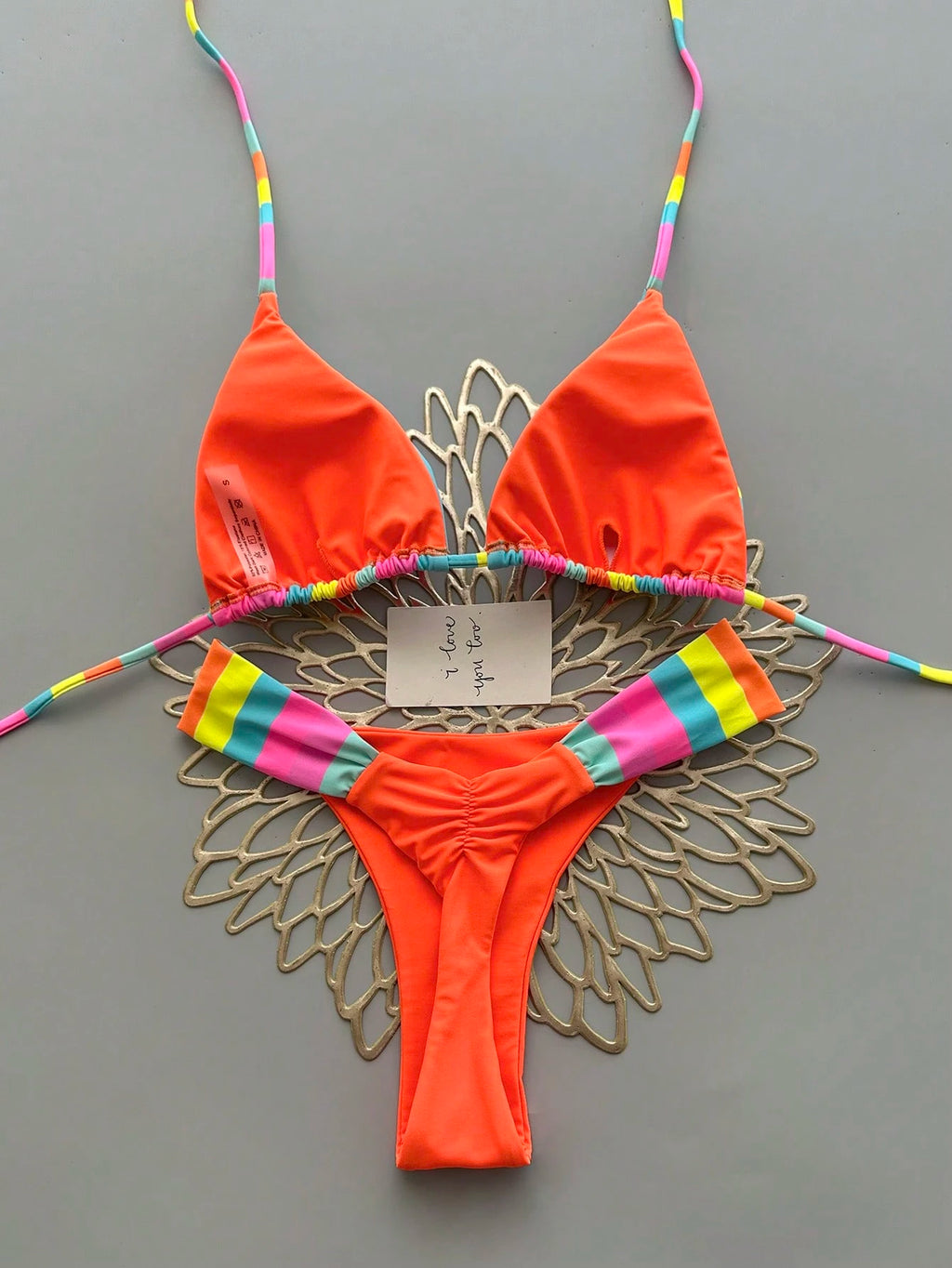 Vibrant Rainbow Striped Bikini Set, Spaghetti Strap Top With Ruffle Details, Cas