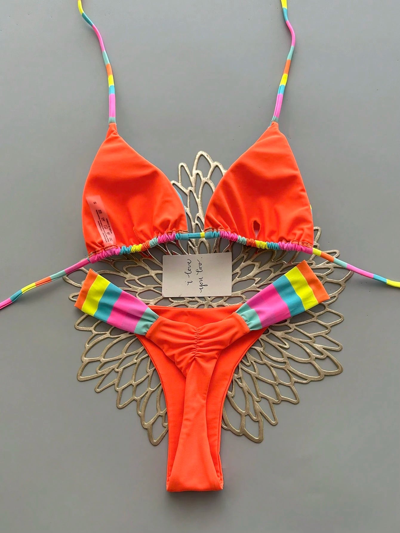 Vibrant Rainbow Striped Bikini Set, Spaghetti Strap Top With Ruffle Details, Cas
