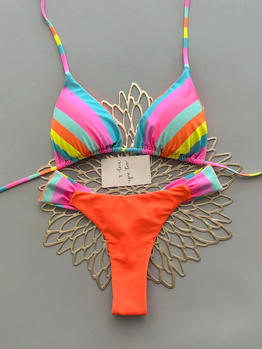 Vibrant Rainbow Striped Bikini Set, Spaghetti Strap Top With Ruffle Details, Cas