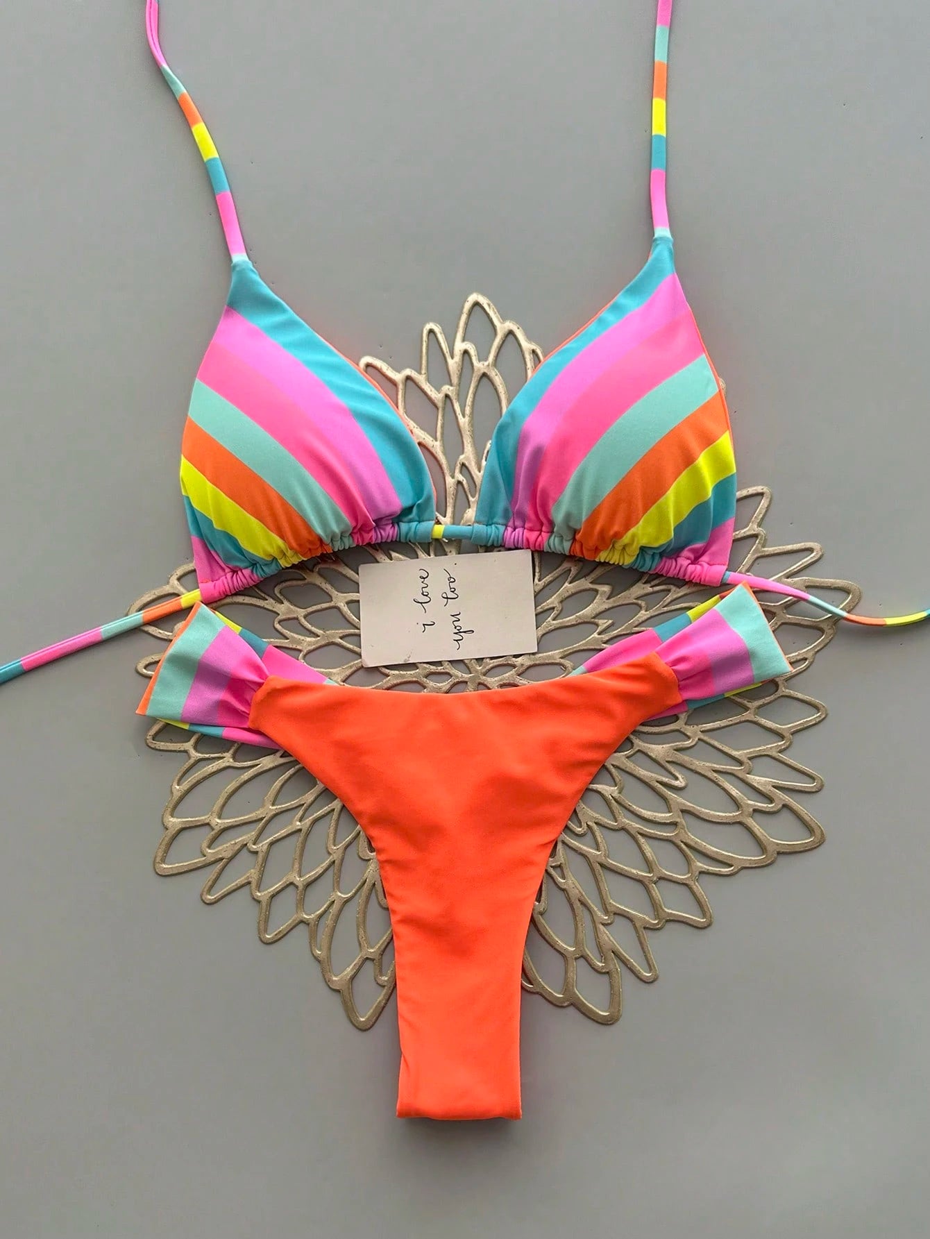 Vibrant Rainbow Striped Bikini Set, Spaghetti Strap Top With Ruffle Details, Cas