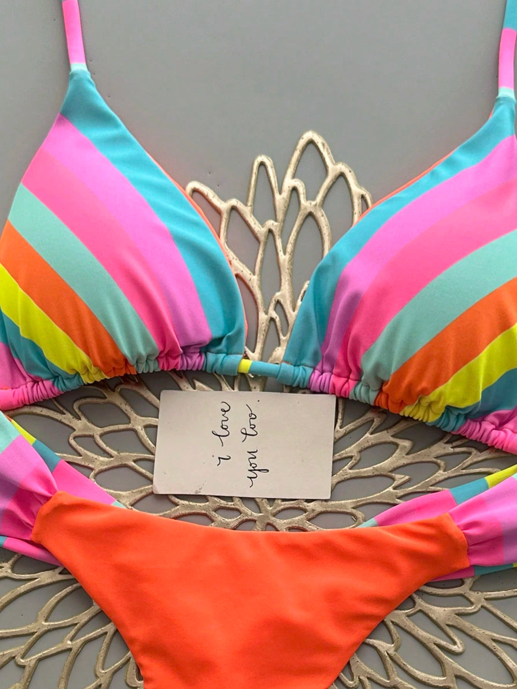 Vibrant Rainbow Striped Bikini Set, Spaghetti Strap Top With Ruffle Details, Cas