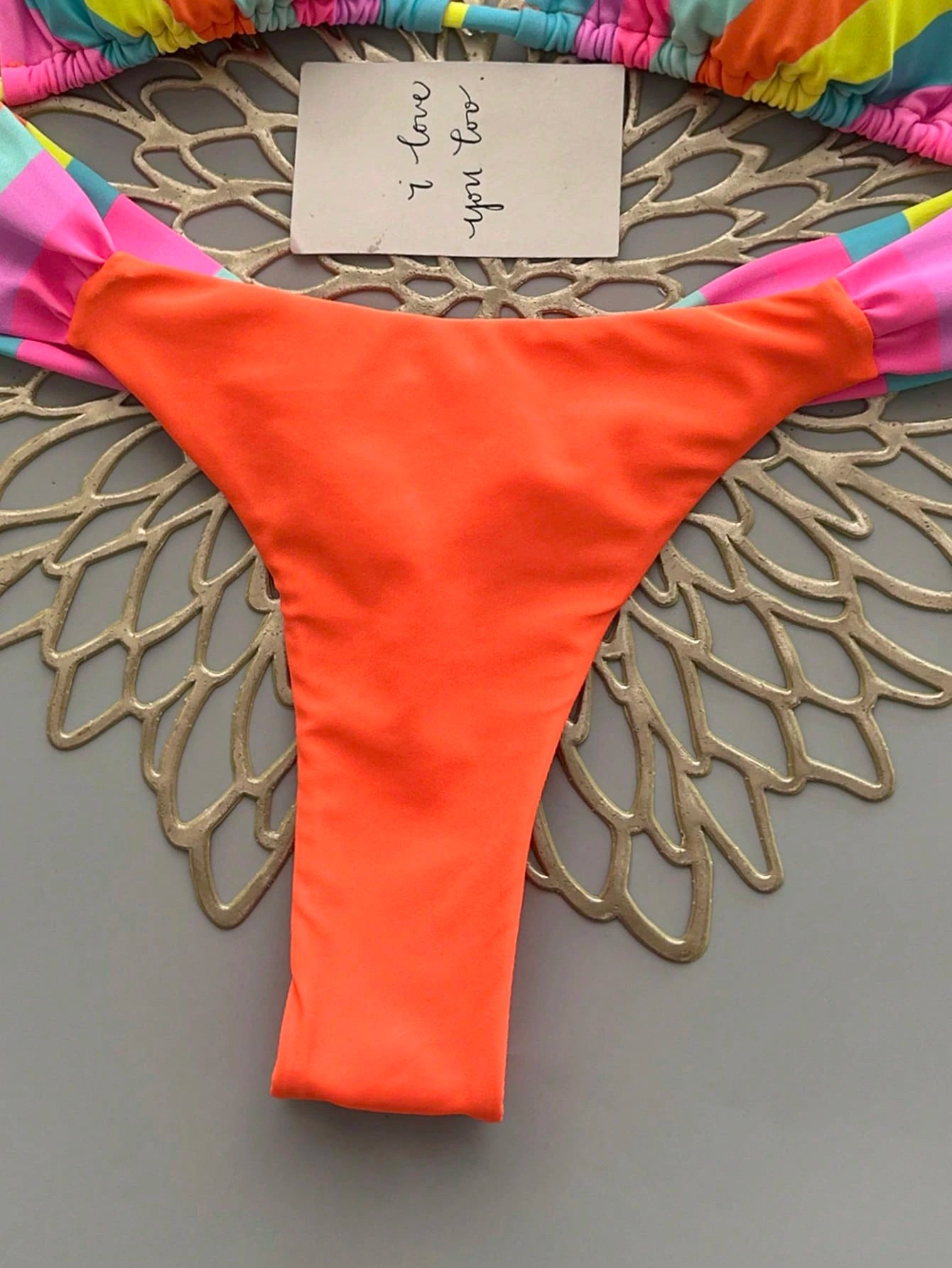Vibrant Rainbow Striped Bikini Set, Spaghetti Strap Top With Ruffle Details, Cas