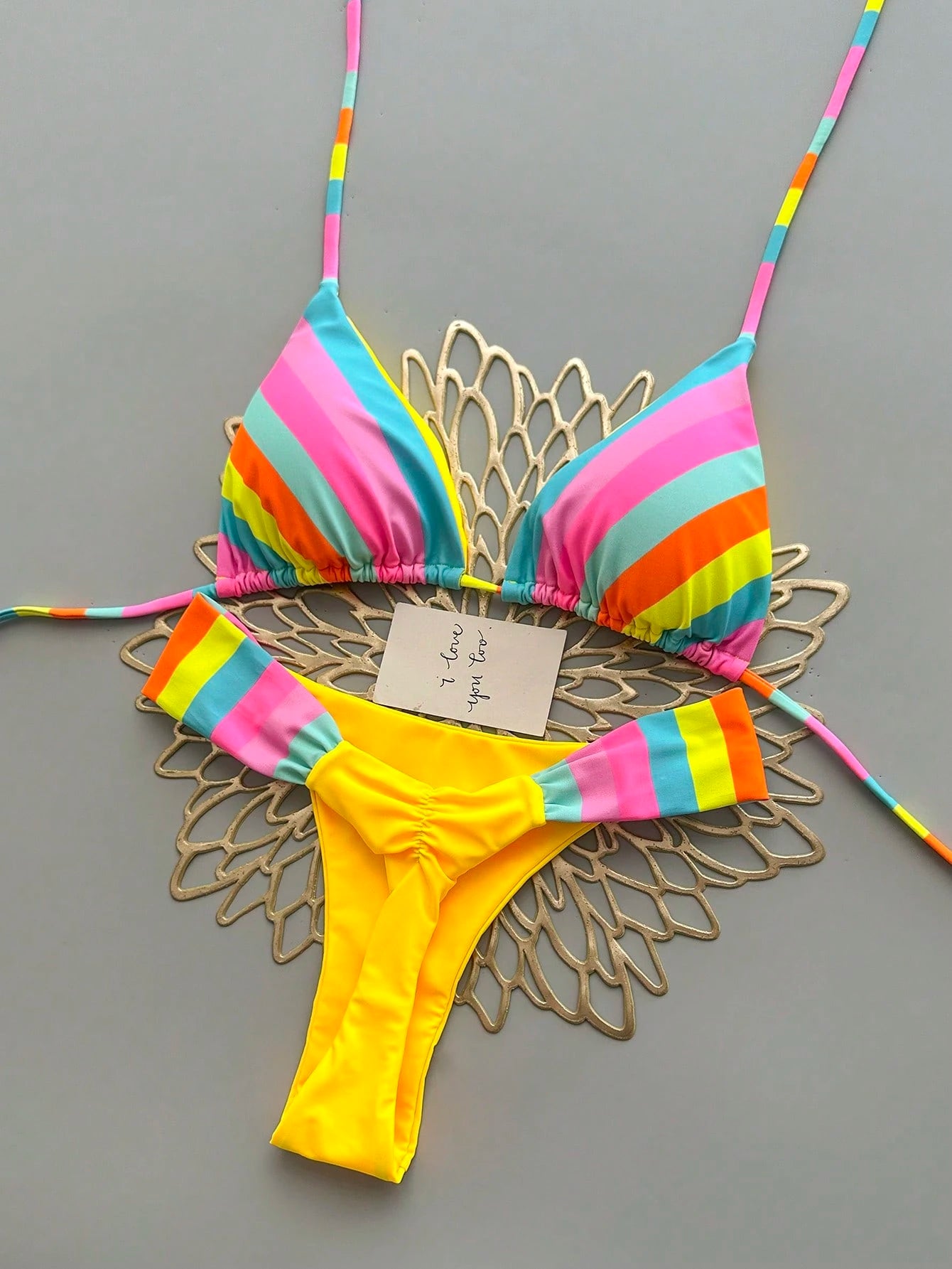 Vibrant Rainbow Striped Bikini Set, Spaghetti Strap Top With Ruffle Details, Cas