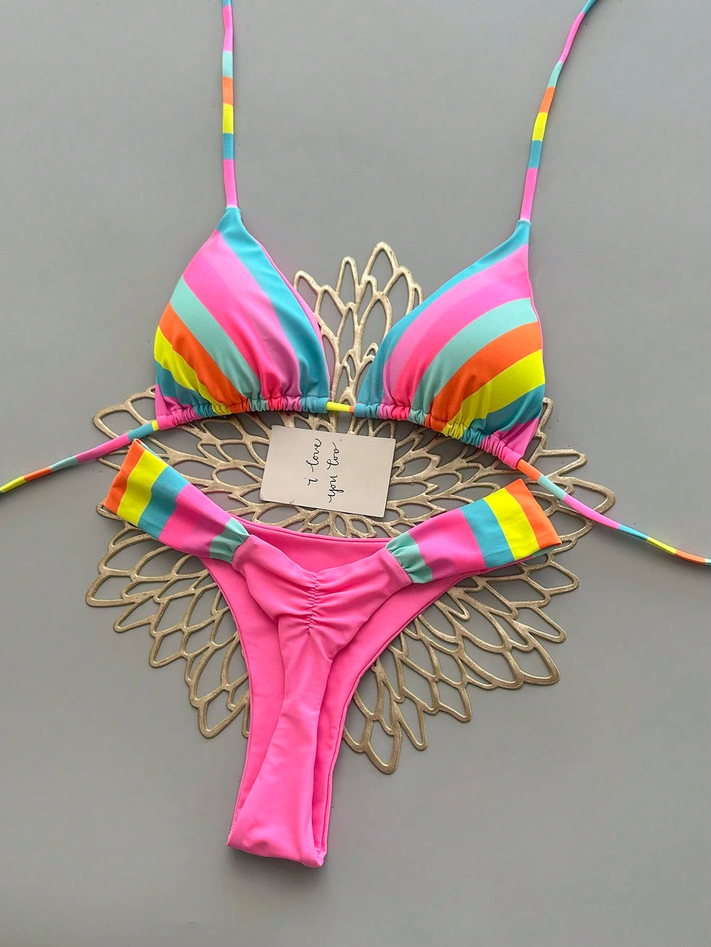 Vibrant Rainbow Striped Bikini Set, Spaghetti Strap Top With Ruffle Details, Cas
