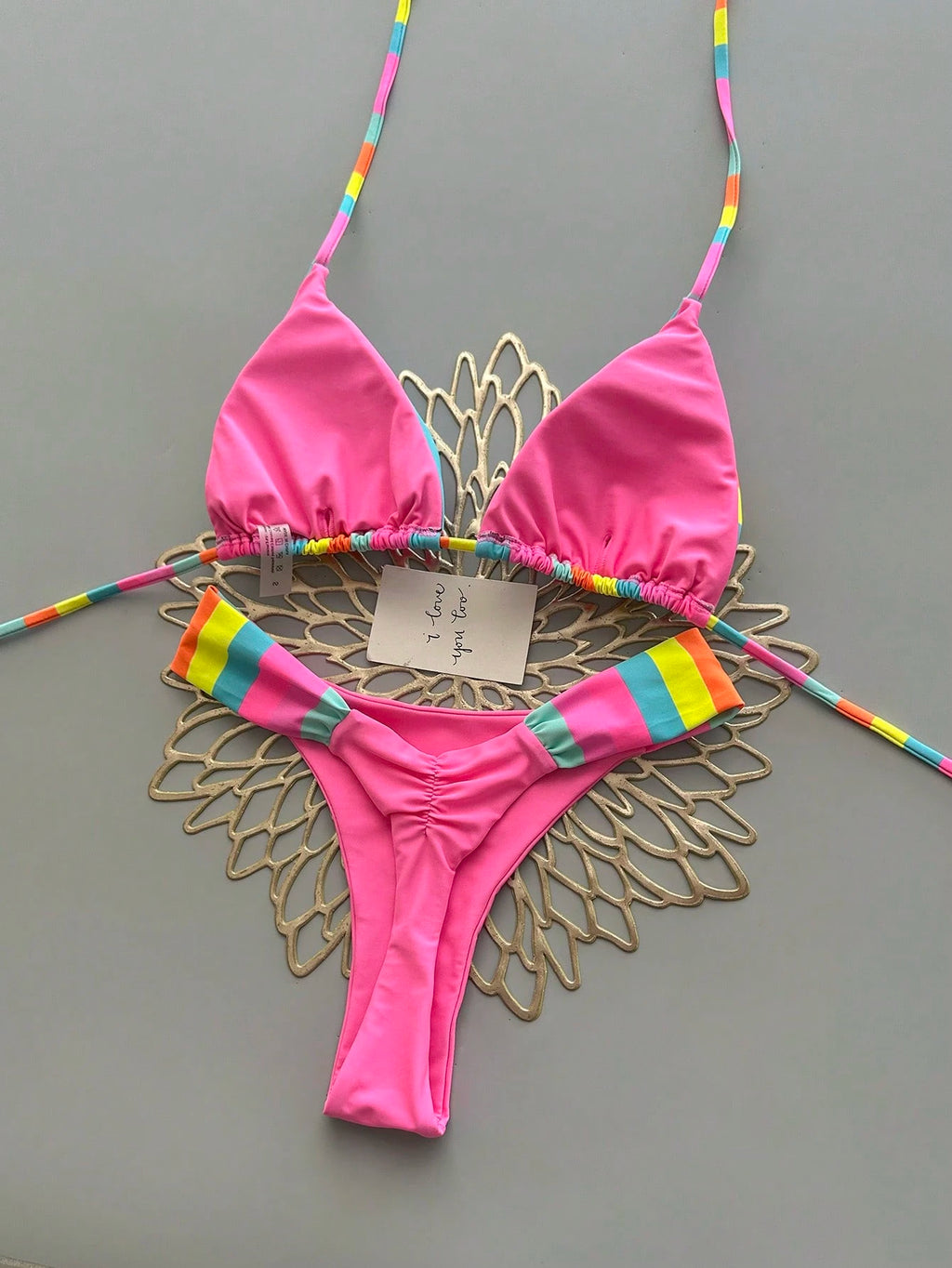 Vibrant Rainbow Striped Bikini Set, Spaghetti Strap Top With Ruffle Details, Cas