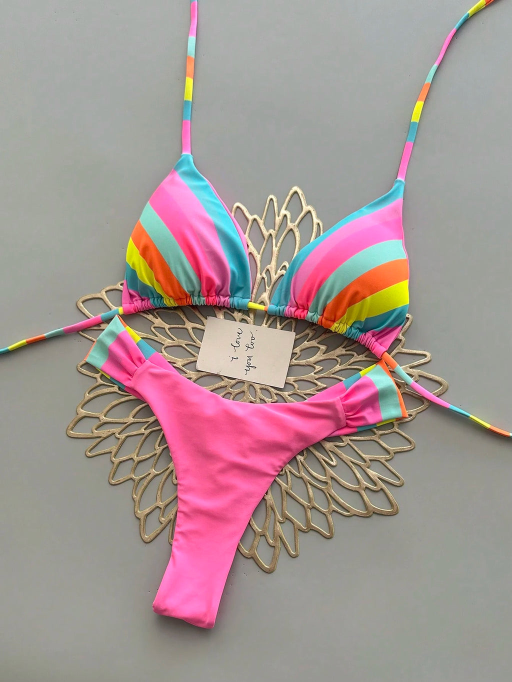 Vibrant Rainbow Striped Bikini Set, Spaghetti Strap Top With Ruffle Details, Cas