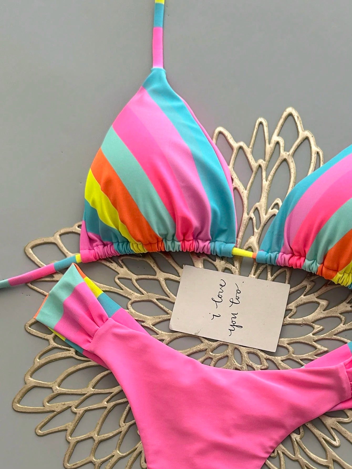 Vibrant Rainbow Striped Bikini Set, Spaghetti Strap Top With Ruffle Details, Cas