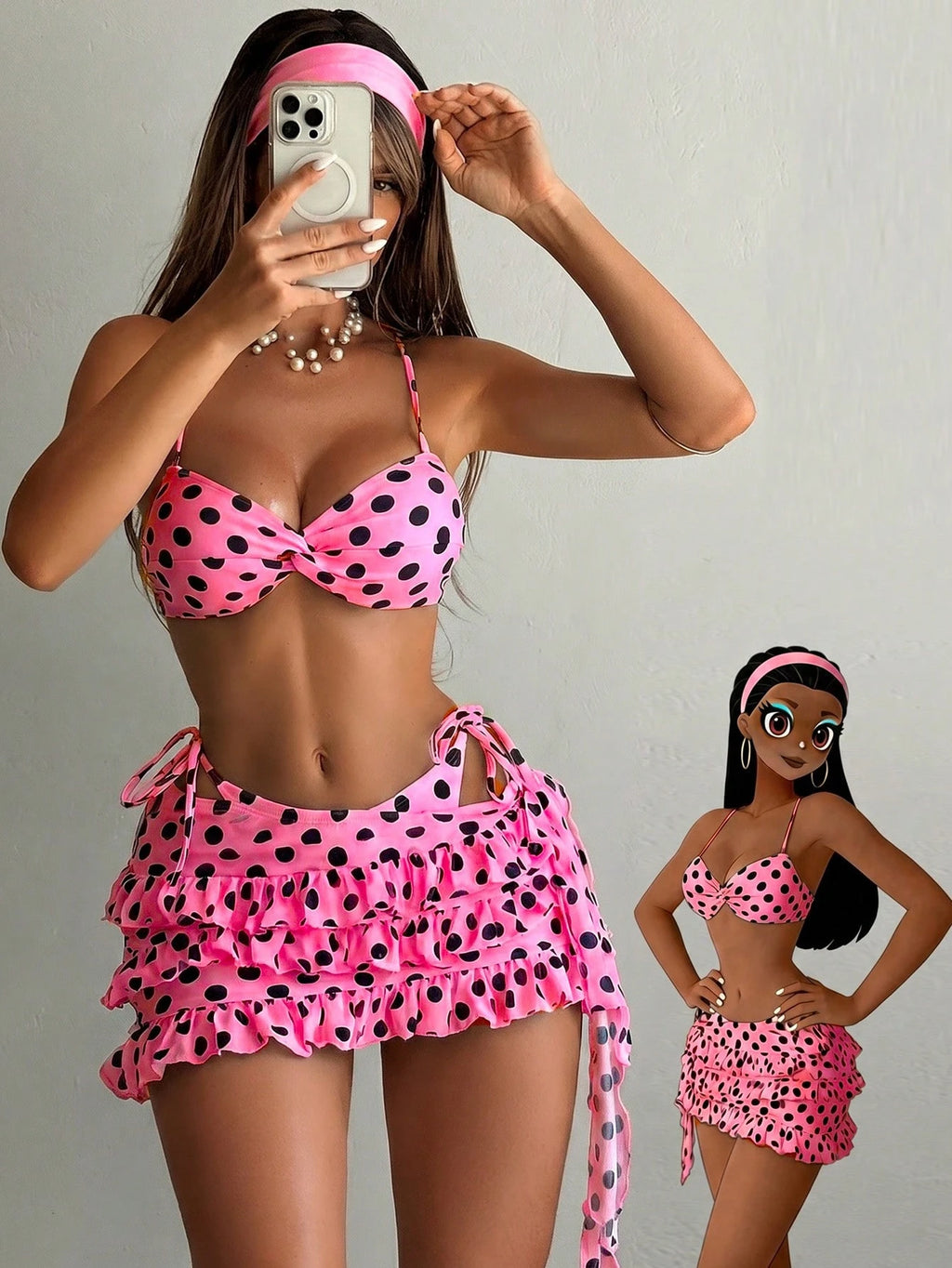 Bonvoyette Women's 3 Piece White With Black Polka Dots Bikini Set,Summer 70s Retro Holiday Beach Outfits,Pool - image 20