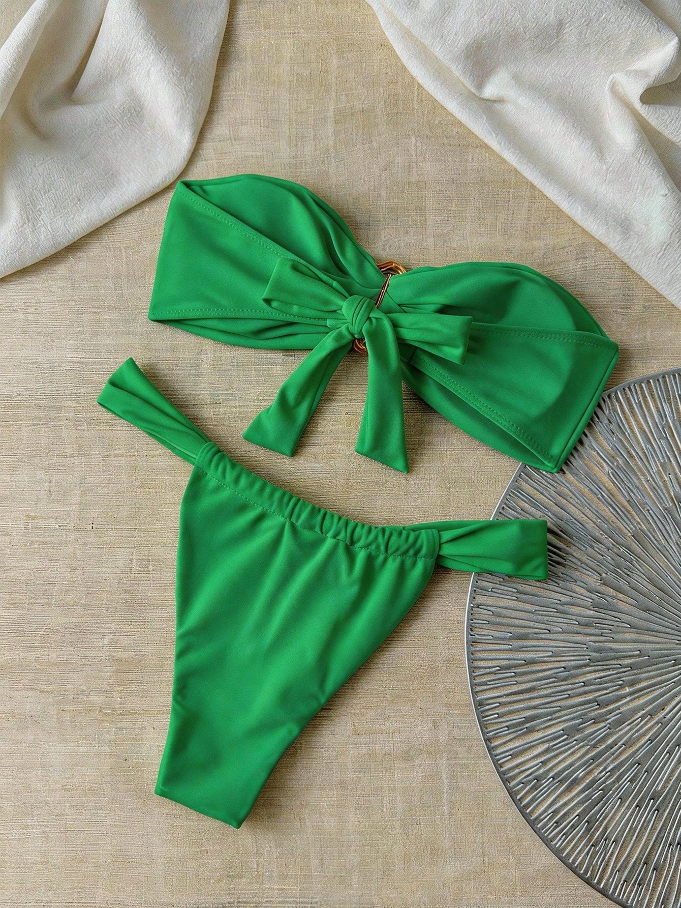 Swim Chiccia Women's Summer Solid Color Bandeau Metallic Accent & Thong Bikini Swimwear Set, Sexy - image 17